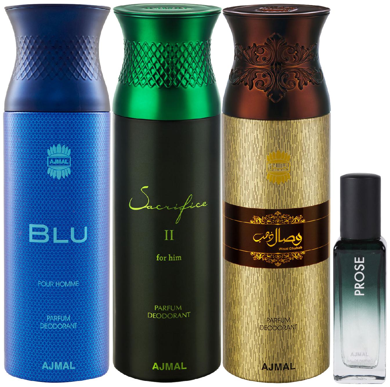 

Ajmal Blu Sacrifice II Wisal Dahab Deo each 200 ml Prose EDP 20 ml Pack of 4 for Men Women