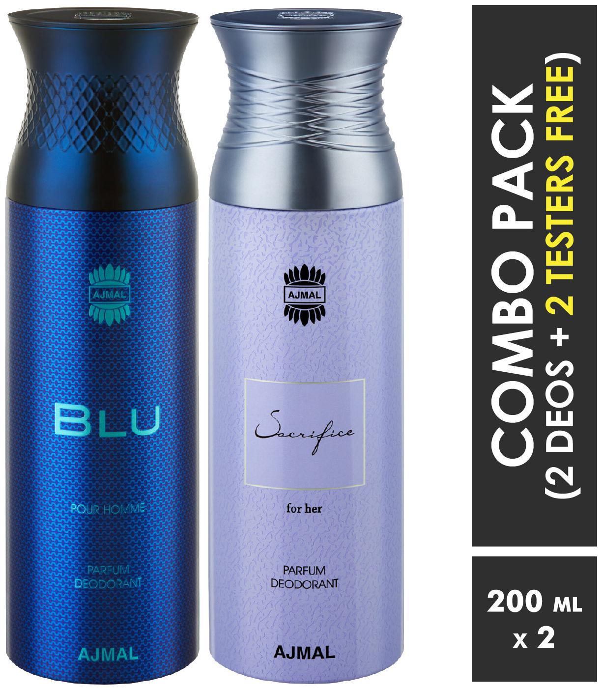 

Ajmal Blu SacrificeHer Deodorant Spray for Men Women 200ml each (Pack of 2 400ml) 2 Parfum Testers Free