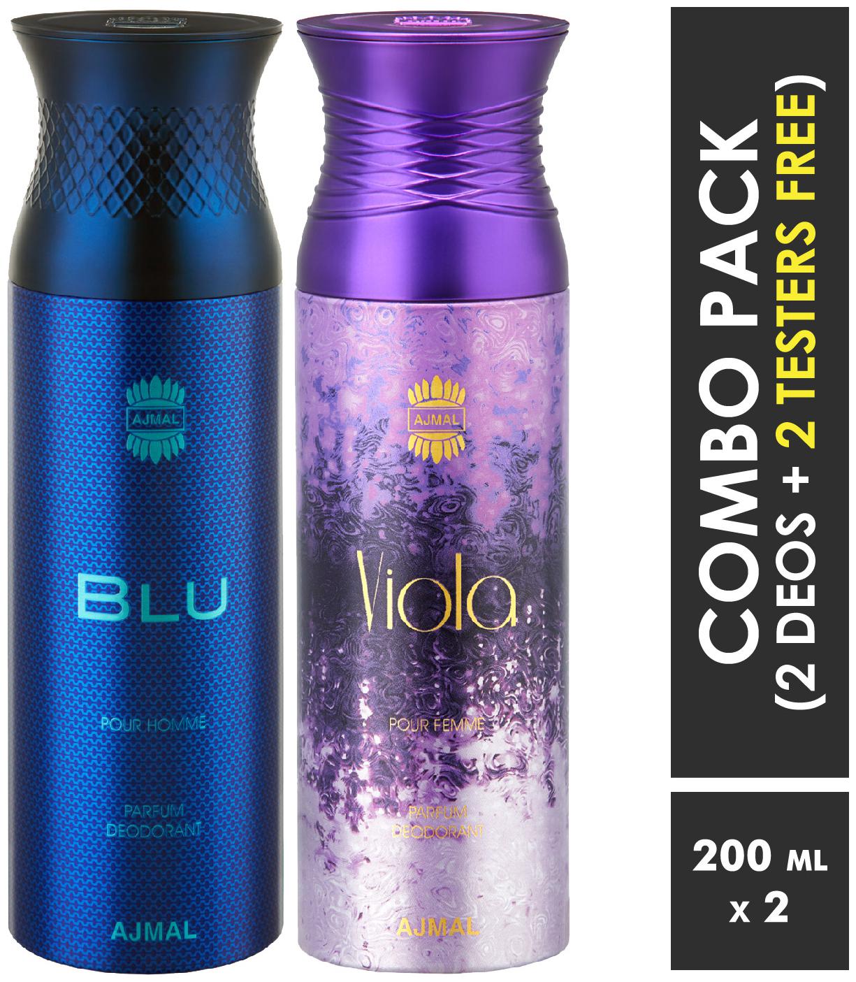 

Ajmal Blu Viola Deodorant Spray for Men Women 200ml each (Pack of 2 400ml) 2 Parfum Testers Free