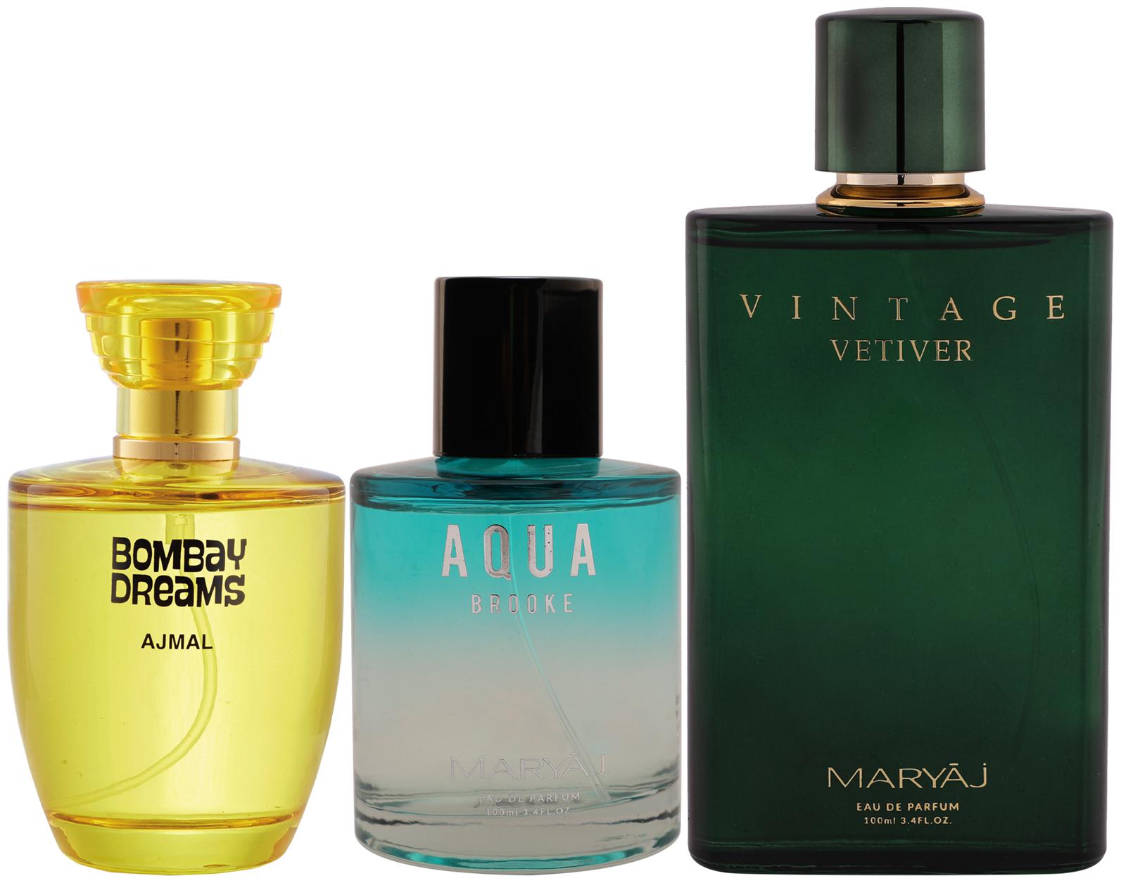 

Ajmal Bombay Dreams EDP Maryaj Aqua Brooke EDP Maryaj Vintage Vetiver EDP 100ml (Pack of 3)