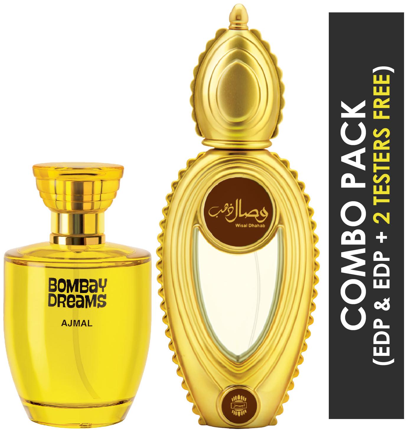 

Ajmal Bombay Dreams EDP Floral Fruity Perfume 100ml for Women and Wisal Dhahab EDP Fruity Floral Perfume 50ml for Men