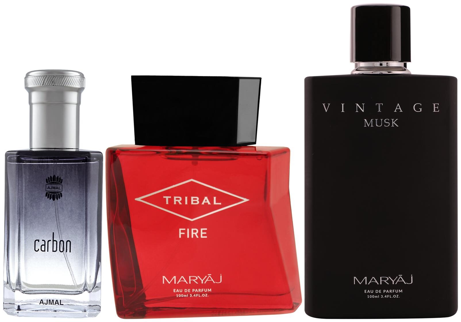 

Ajmal Carbon EDP Citrus Perfume Maryaj Tribal Fire EDP Maryaj Vintage Musk EDP 100ml (Pack of 3)