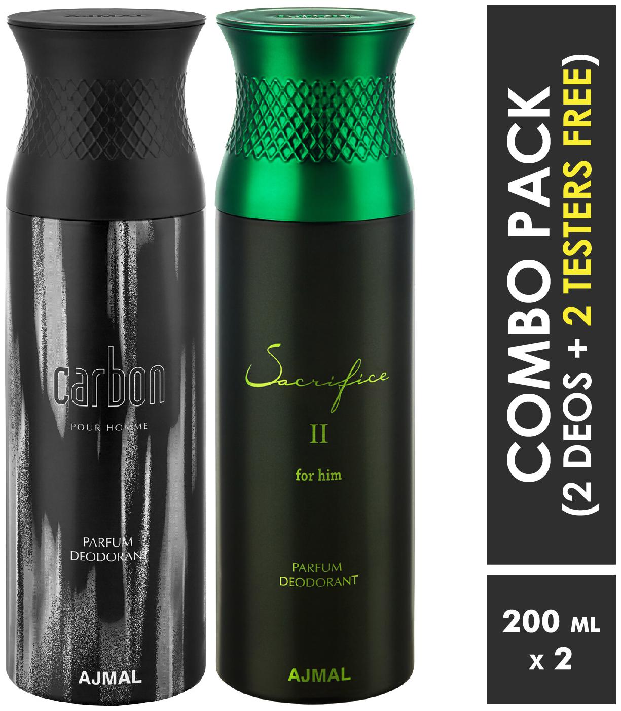 

Ajmal Carbon Sacrifice II Him Deodorant Spray for Men 200ml each (Pack of 2 400ml) 2 Parfum Testers Free