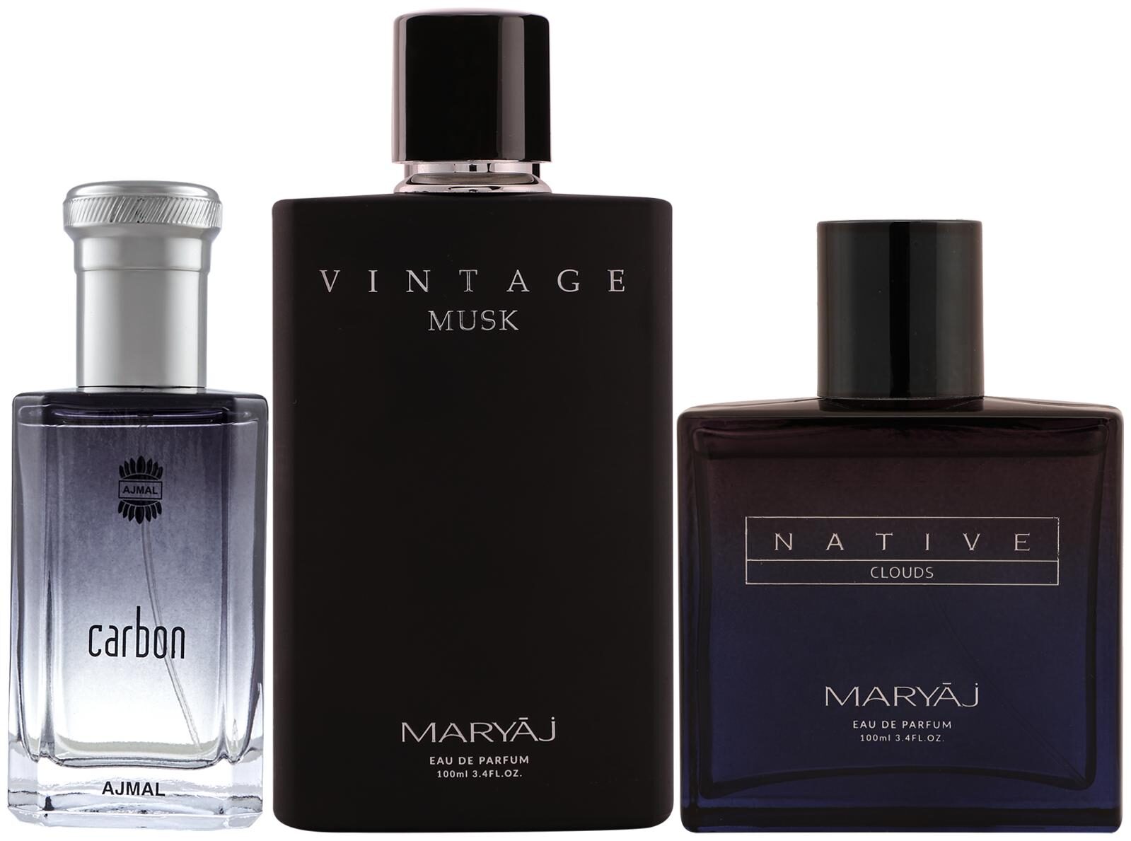 

Ajmal Carbon EDP Citrus Perfume Maryaj Vintage Musk EDP Maryaj Native Clouds EDP 100ml (Pack of 3)
