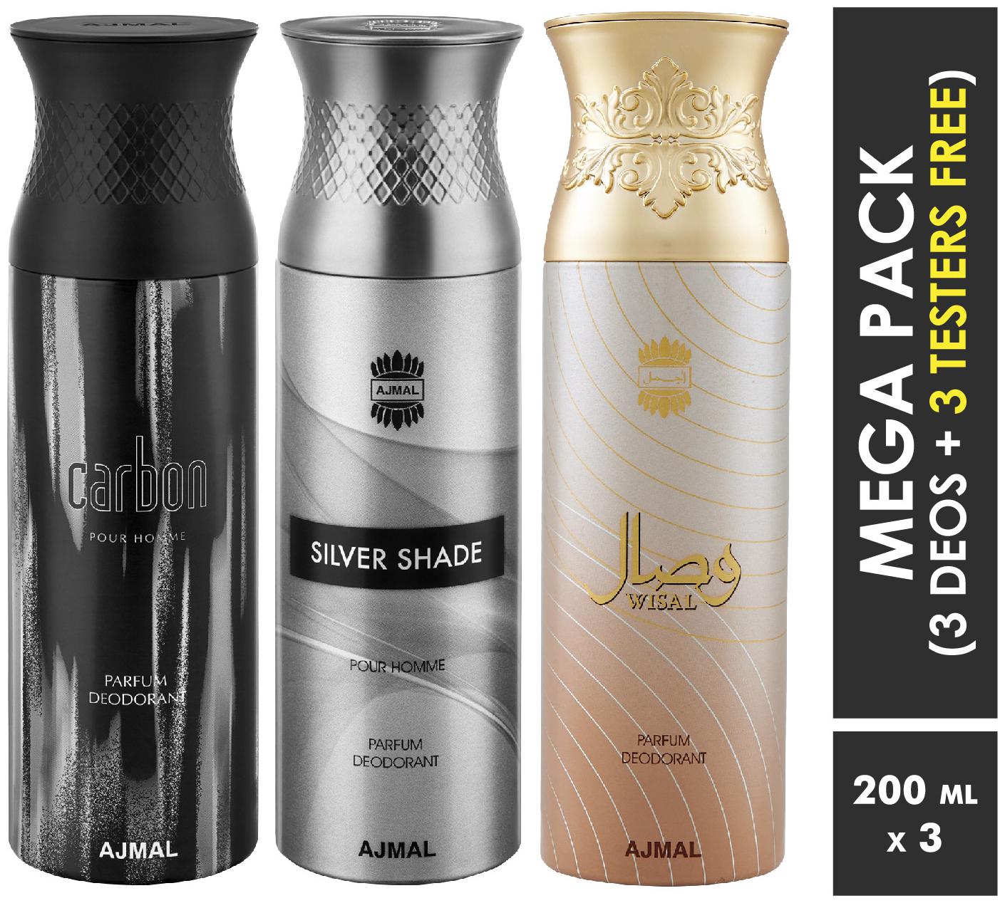 

Ajmal Carbon Silver Shade Wisal Deodorant Spray For Men Women 200ml each (Pack of 3 600ml) 3 Parfum Testers Free