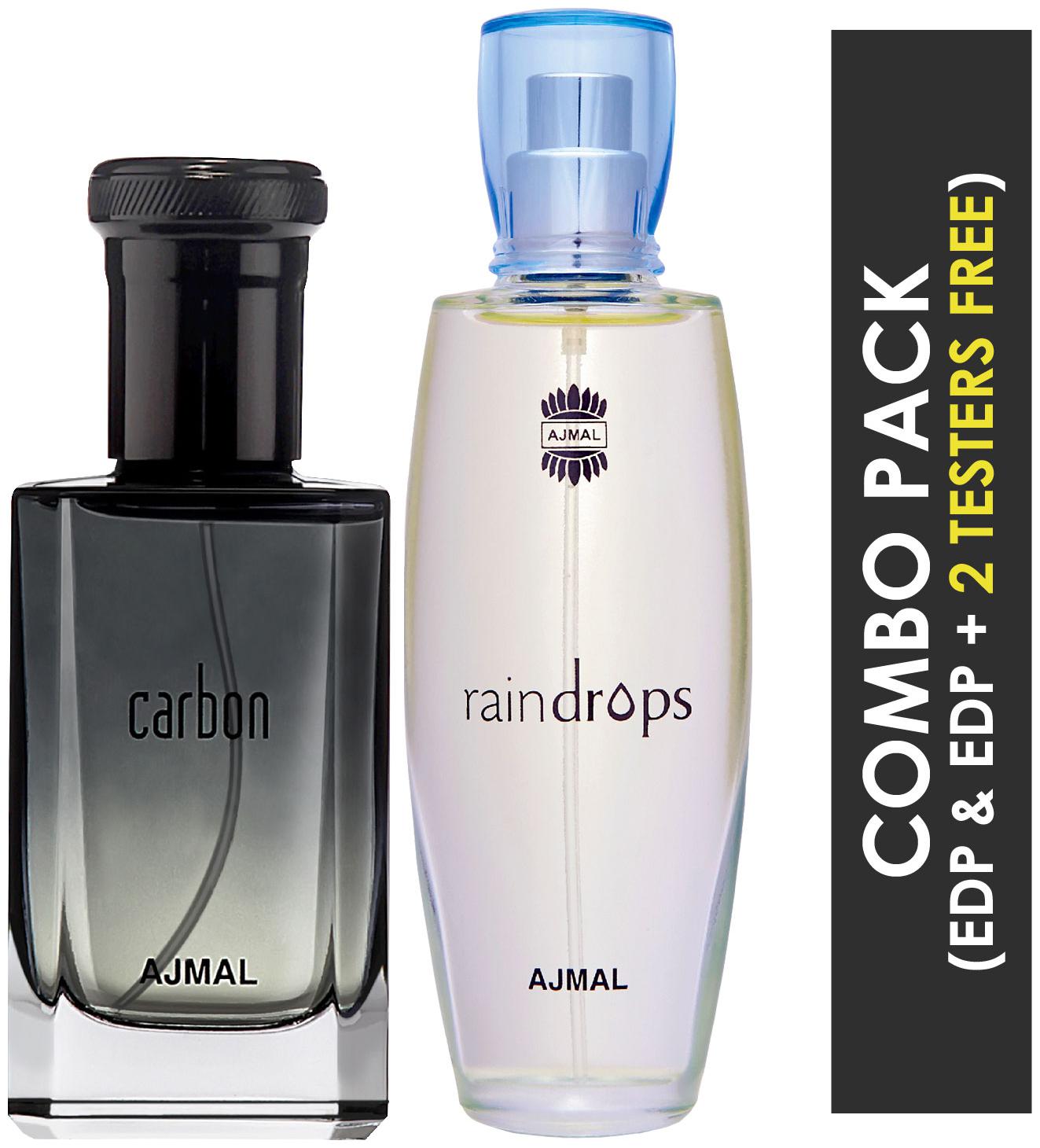 

Ajmal Carbon EDP Citrus Spicy Perfume 100ml for Men and Ajmal Raindrops EDP Floral Chypre Perfume 50ml for Women (Pack of 2)