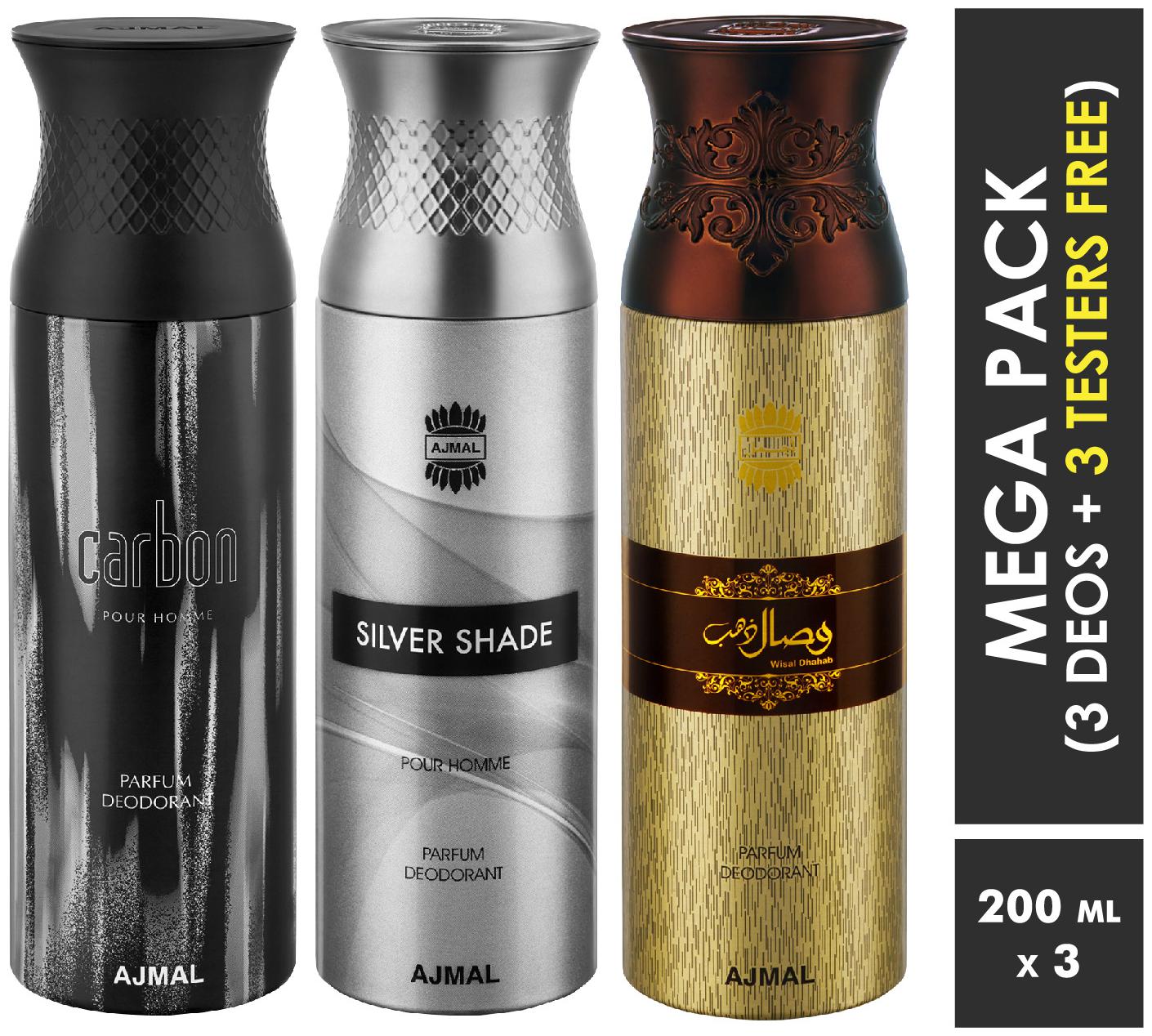 

Ajmal Carbon Silver Shade Wisal Dahab Deodorant Spray For Men 200ml each (Pack of 3 600ml) 3 Parfum Testers Free