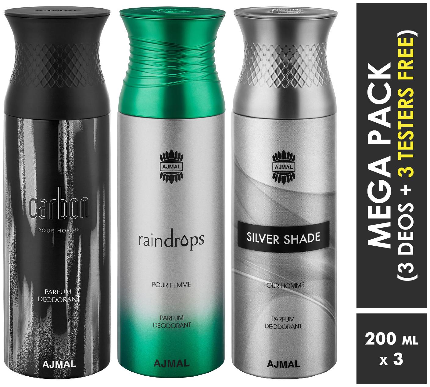

Ajmal Carbon Raindrops SilverShade Deodorant Spray For Men Women 200ml each (Pack of 3 600ml) 3 Parfum Testers Free