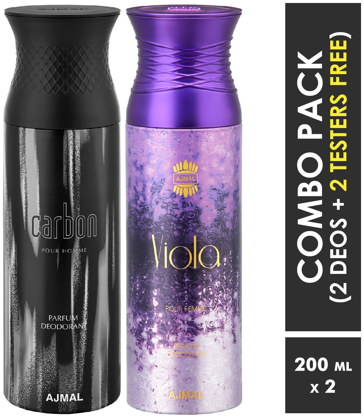 

Ajmal Carbon Viola Deodorants for Men Women 200ml each (Pack of 2 400ml) 2 Parfum Testers Free