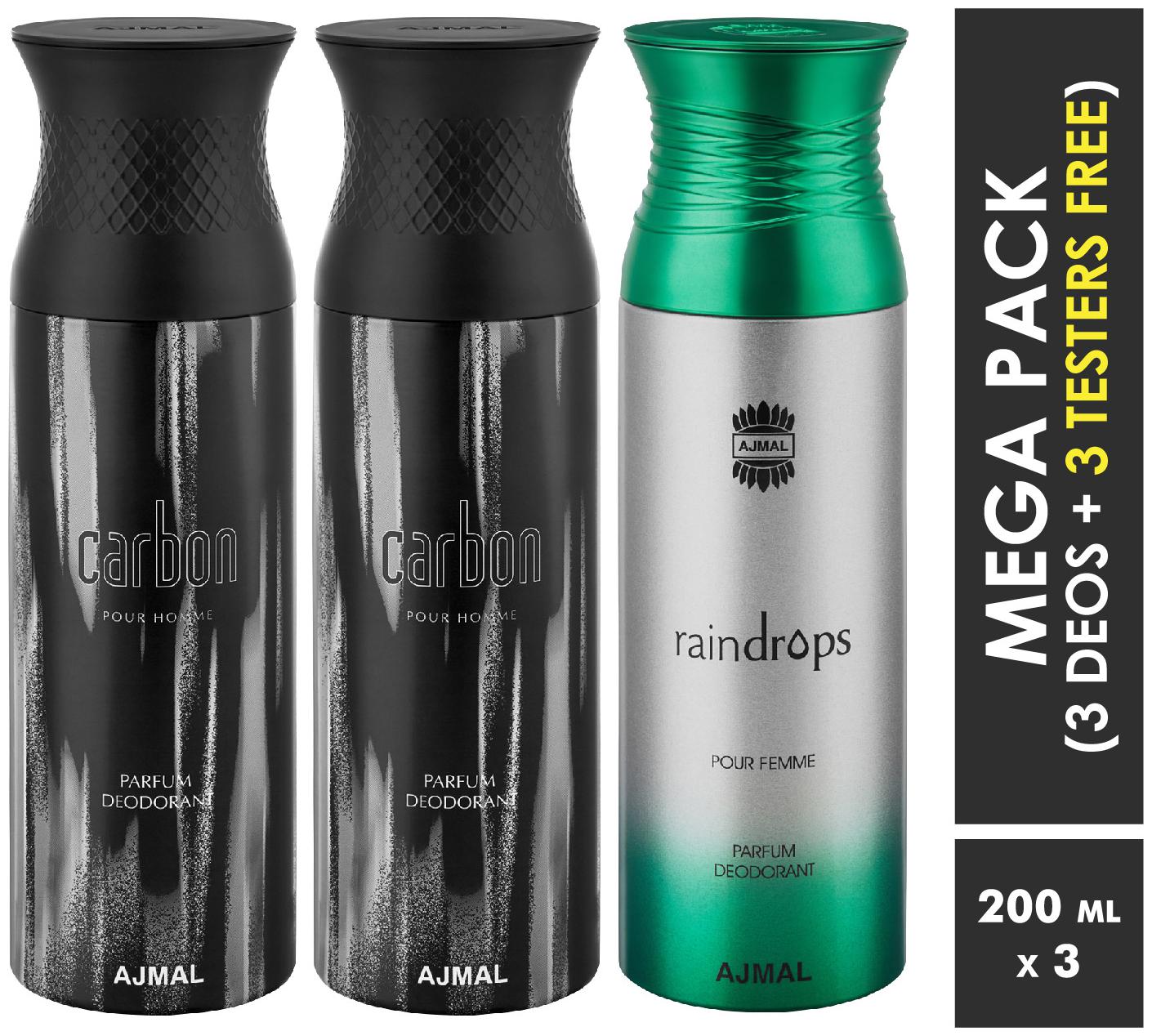 

Ajmal Carbon Carbon Raindrops Deodorant Spray For Men Women 200ml each (Pack of 3 600ml) 3 Parfum Testers Free