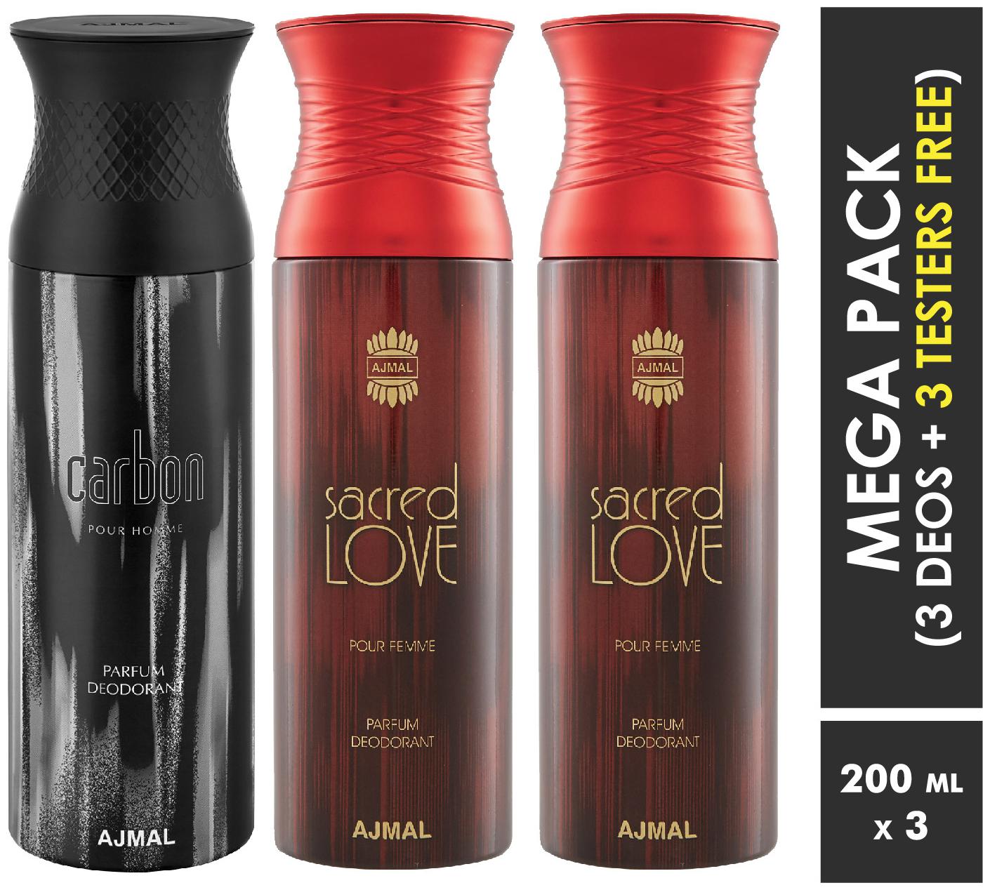 

Ajmal Carbon Sacred Love Sacred Love Deodorant Spray For Men Women 200ml each (Pack of 3 600ml) 3 Parfum Testers Free