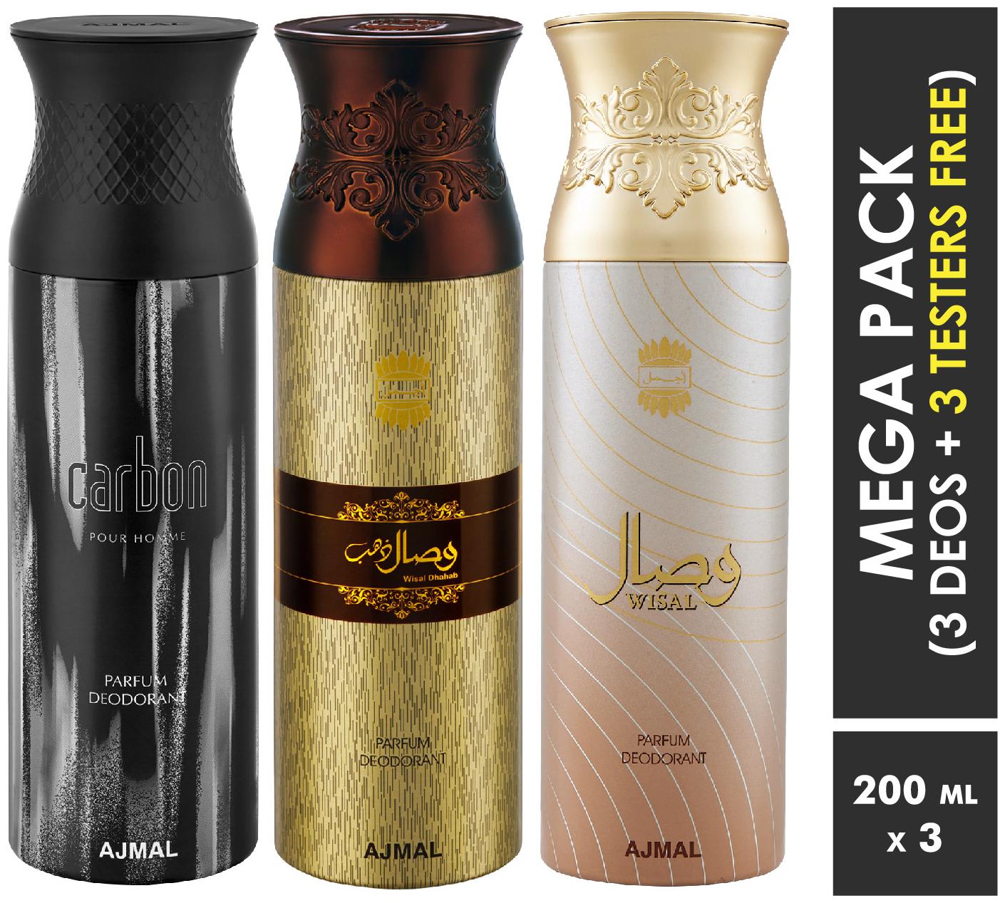 

Ajmal Carbon Wisal Dahab Wisal Deodorant Spray For Men Women 200ml each (Pack of 3 600ml) 3 Parfum Testers Free