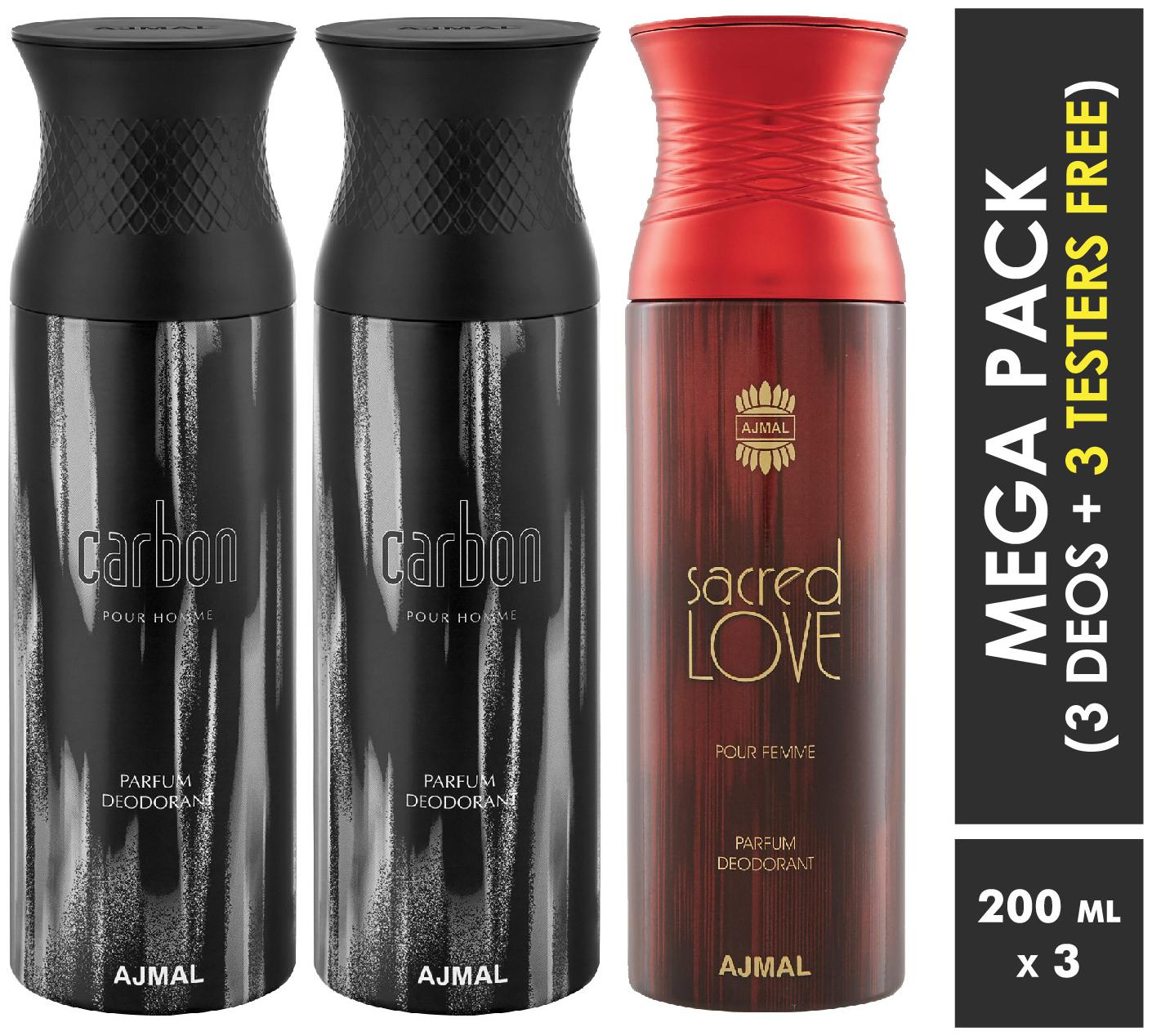 

Ajmal Carbon Carbon Sacred Love Deodorant Spray For Men Women 200ml each (Pack of 3 600ml) 3 Parfum Testers Free
