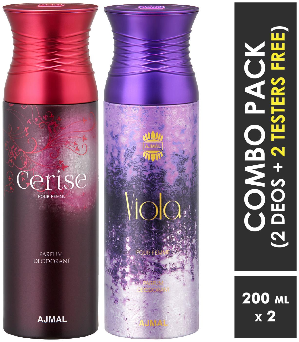 

Ajmal Cerise Viola Deodorants for Women 200ml each (Pack of 2 400ml) 2 Parfum Testers Free