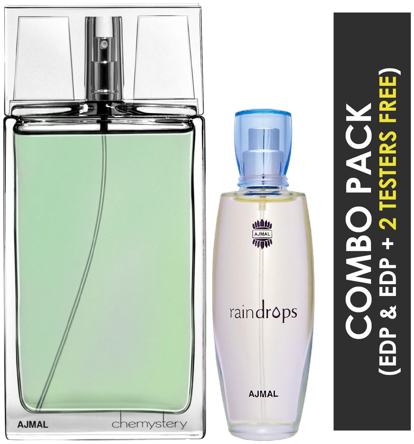 

Ajmal Chemystery EDP Spicy Woody Perfume 90ml for Men and Ajmal Raindrops EDP Floral Chypre Perfume 50ml for Women