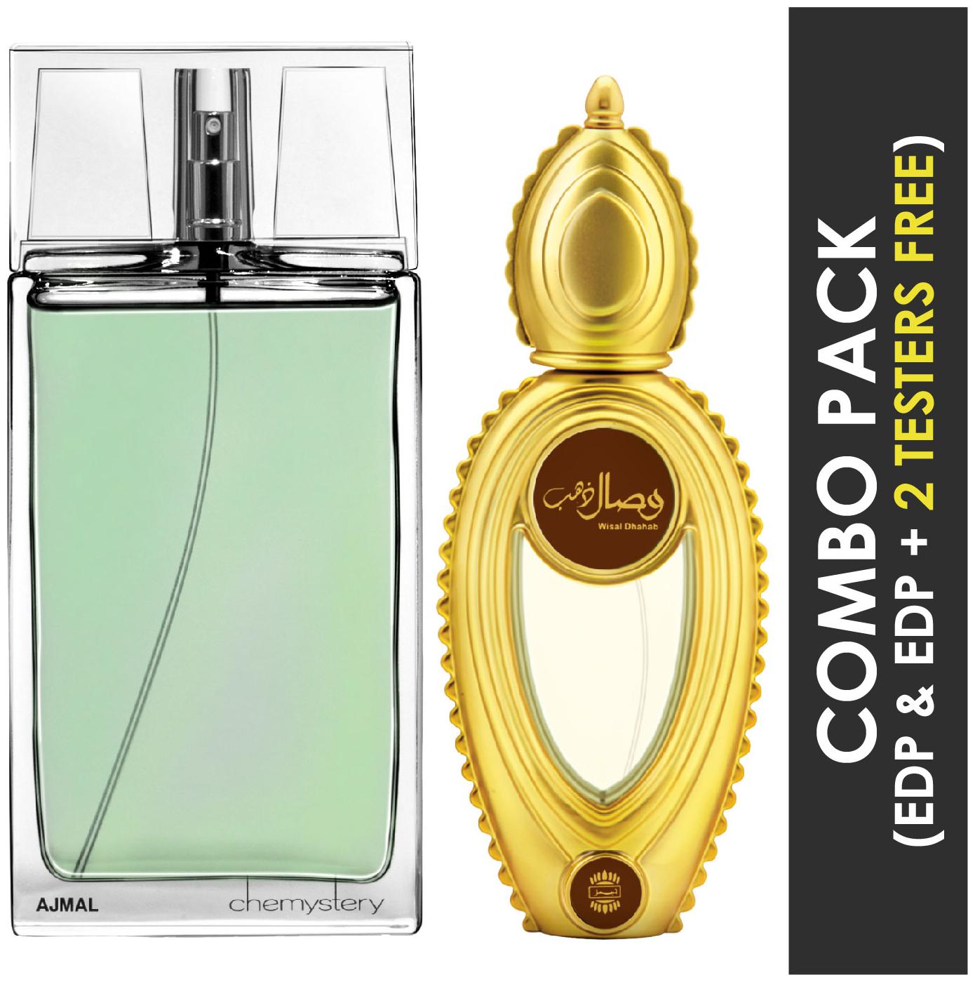 

Ajmal Chemystery EDP Spicy Woody Perfume 90ml for Men and Ajmal Wisal Dhahab EDP Fruity Floral Perfume 50ml for Men (Pack of 2)