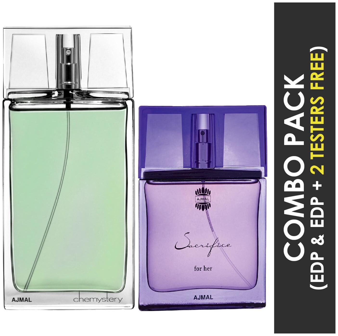 

Ajmal Chemystery EDP Spicy Woody Perfume 90ml for Men and Ajmal Sacrifice for HER EDP Floral Musky Perfume 50ml for Women