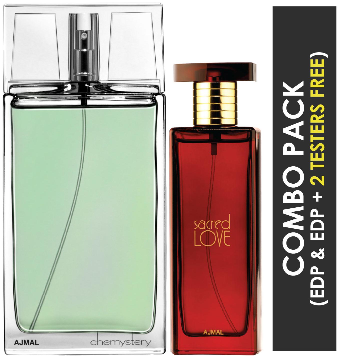 

Ajmal Chemystery EDP Spicy Woody Perfume 90ml for Men and Ajmal Sacred Love EDP Floral Musky Perfume 50ml for Women (Pack of 2)