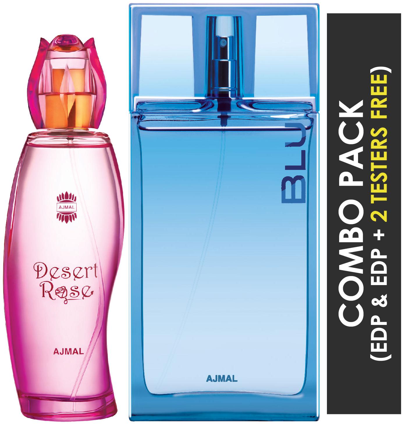 

Ajmal Desert Rose EDP Floral Oriental Perfume 100ml for Women and Ajmal Blu EDP Aquatic Woody Perfume 90ml for Men