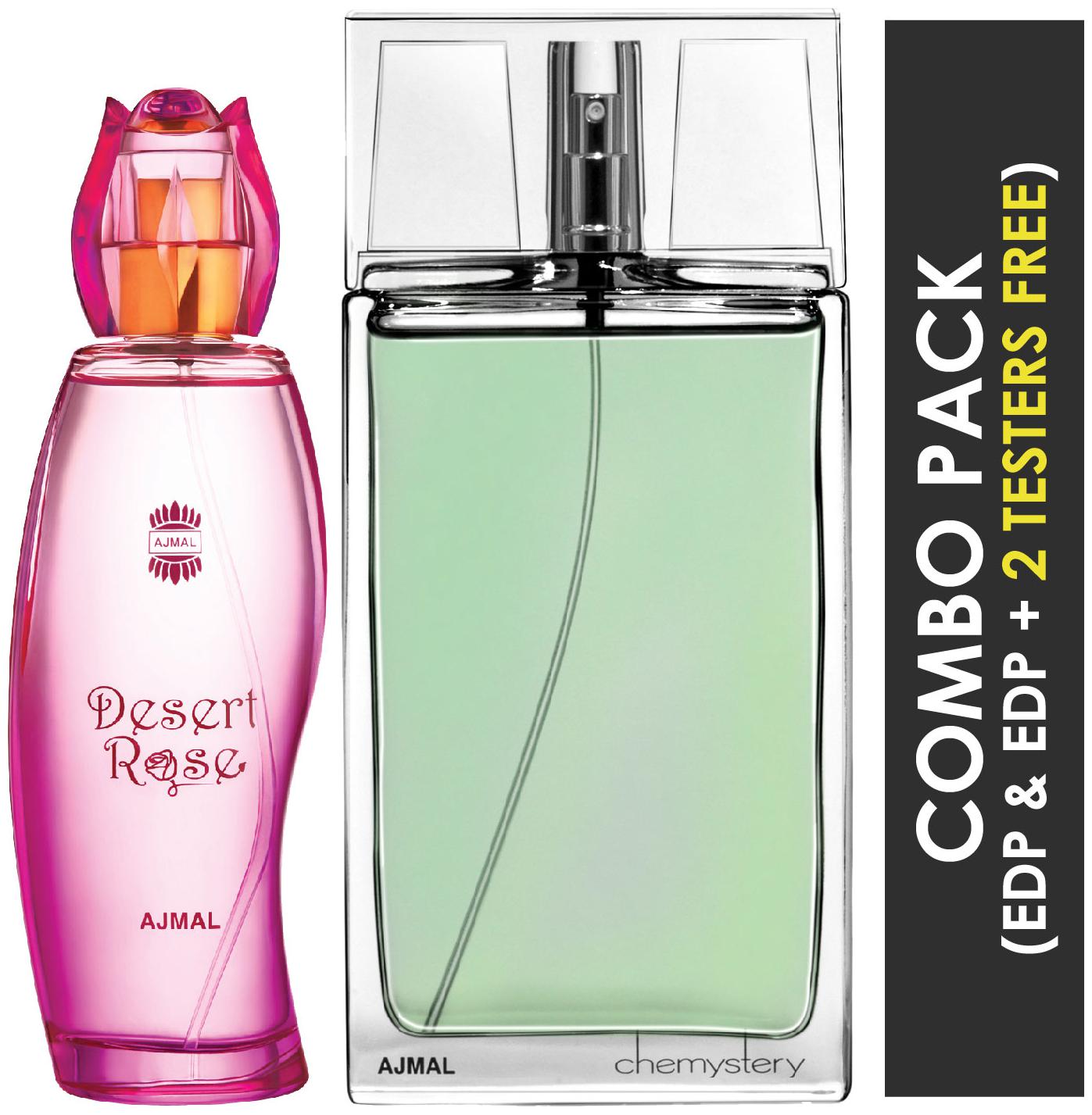 

Ajmal Desert Rose EDP Floral Oriental Perfume 100ml for Women and Chemystery EDP Spicy Woody Perfume 90ml for Men