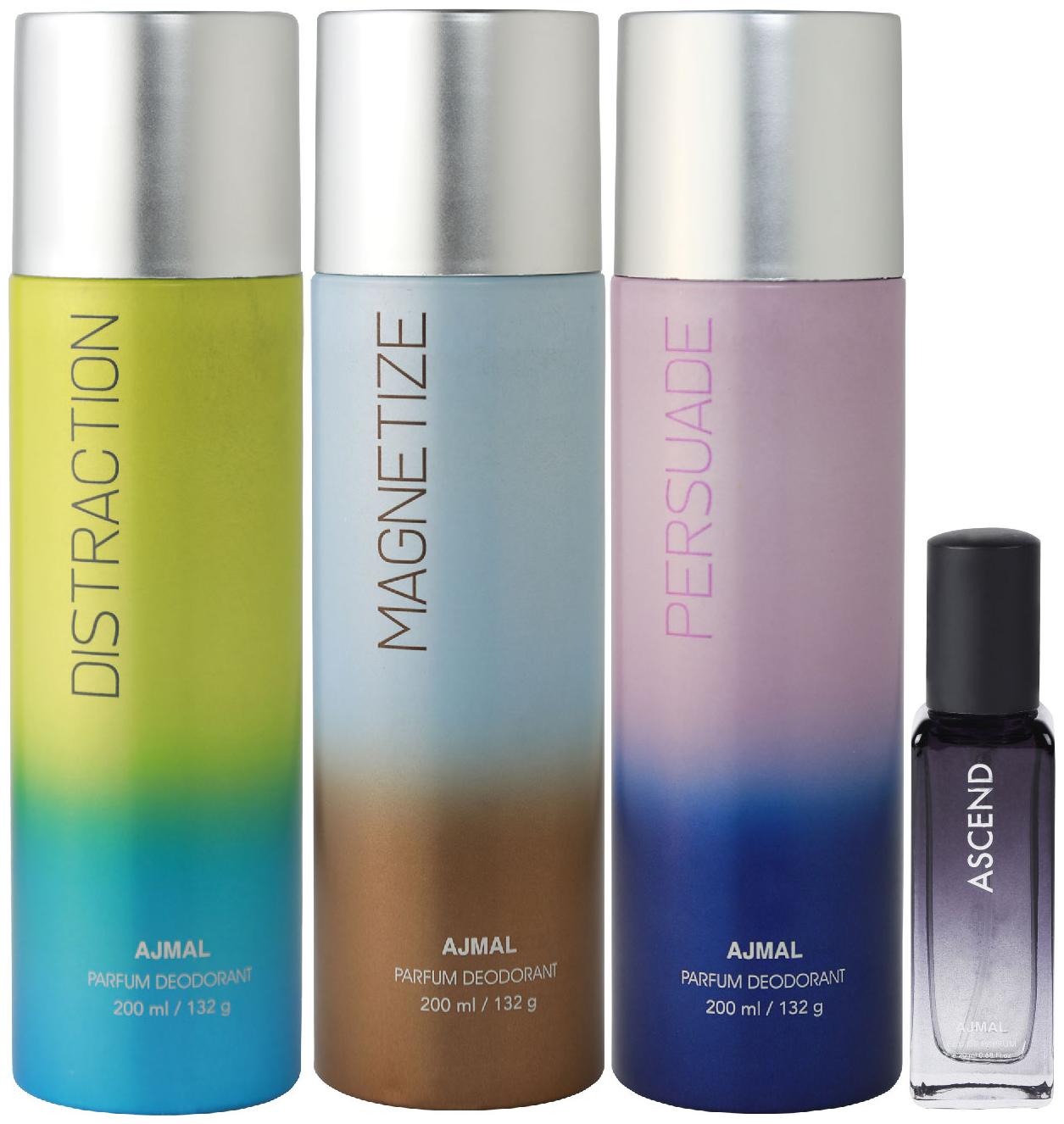 

Ajmal Distraction Magnetize Persuade Deo each 200 ml Ascend EDP 20 ml Pack of 3 for Men Women