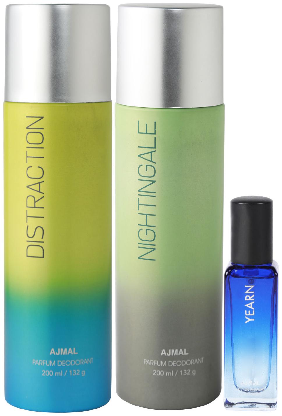 

Ajmal Distraction Nightingale Deo each 200 ml Yearn EDP 20 ml Pack of 3 for Men Women