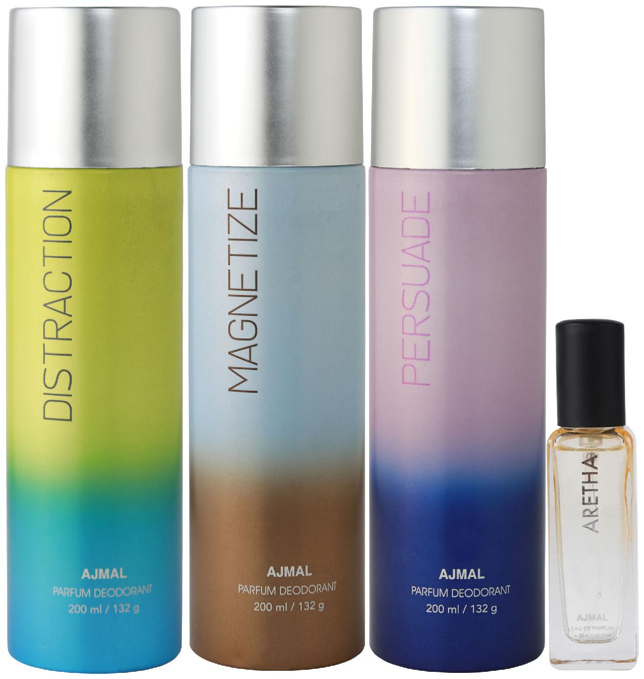 

Ajmal Distraction Magnetize Persuade Deo each 200 ml Aretha EDP 20 ml Pack of 3 for Men Women