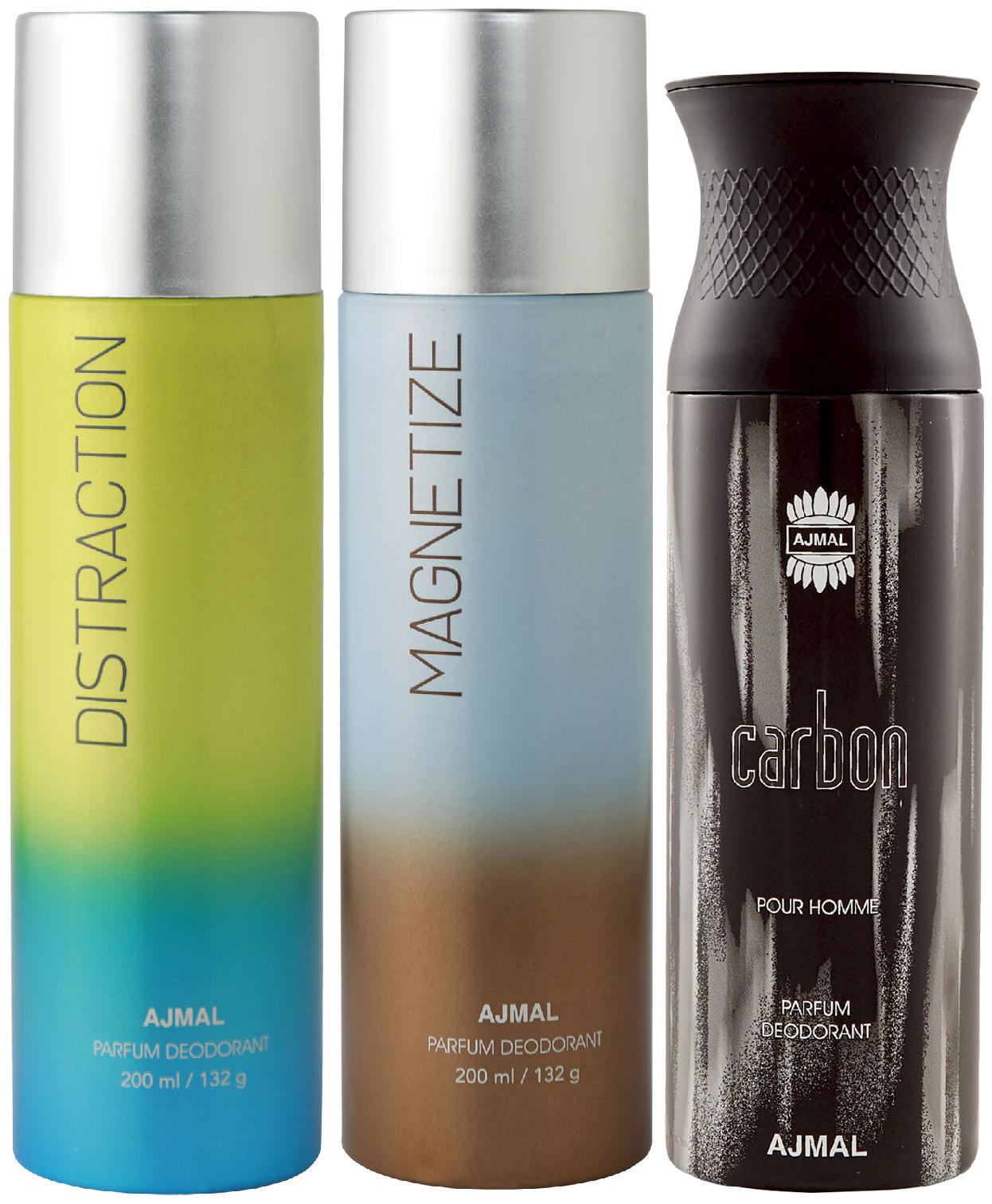 

Ajmal Distraction and Magnetize for Men Women and Carbon for Men High Quality Deodorants 200 ml Each ( Pack of 3 )
