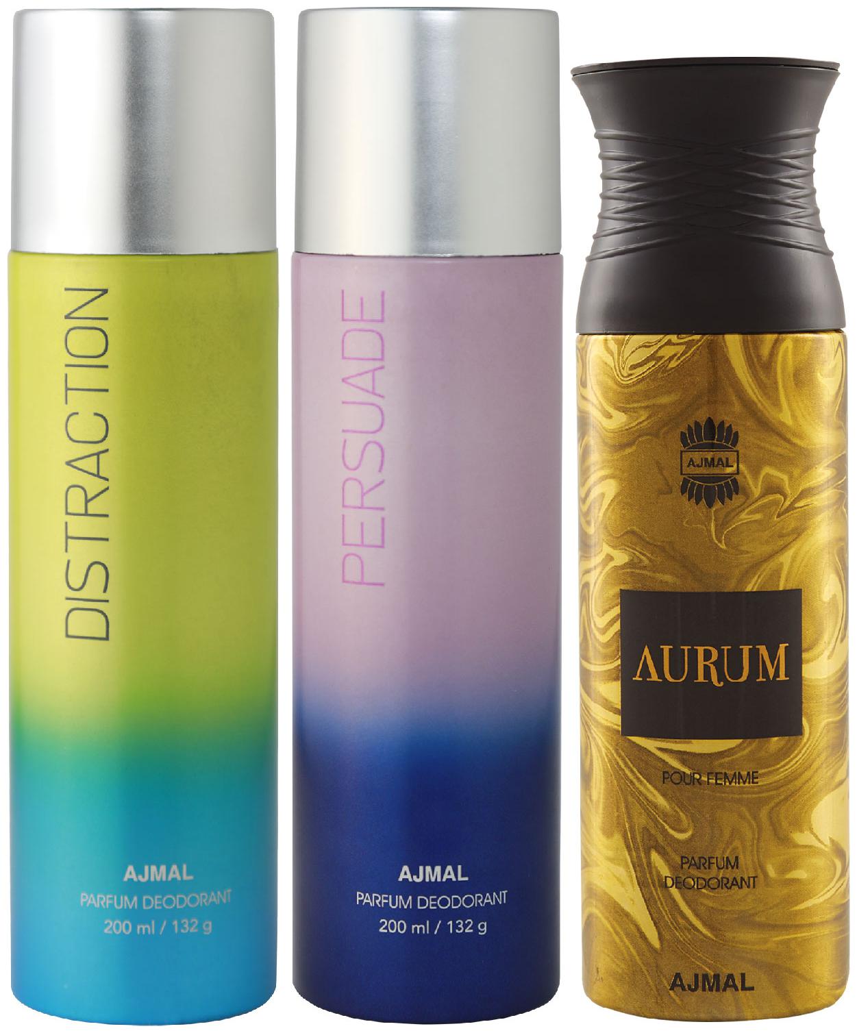 

Ajmal Distraction and Persuade for Men Women and Aurum Femme for Women High Quality Deodorants 200 ml Each ( Pack of 3 )