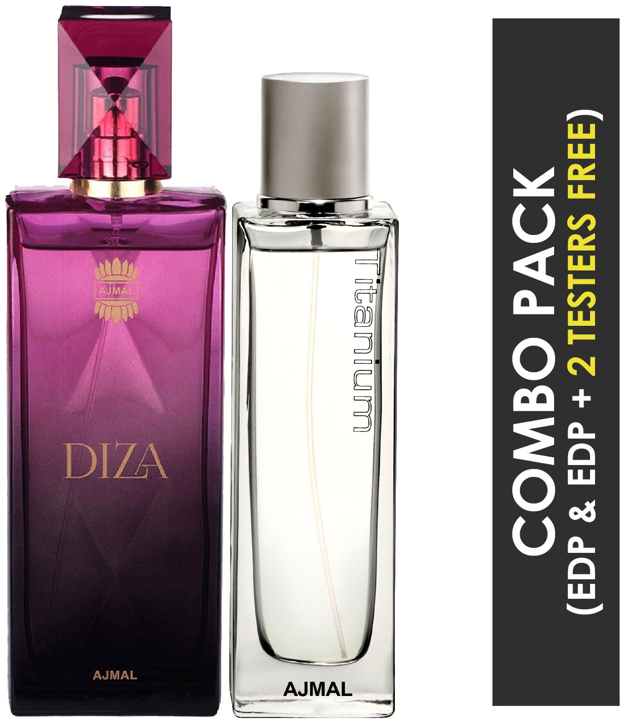 

Ajmal Diza EDP Fruity Floral Perfume 100ml for Women and Titanium EDP Citrus Spicy Perfume 100ml for Men