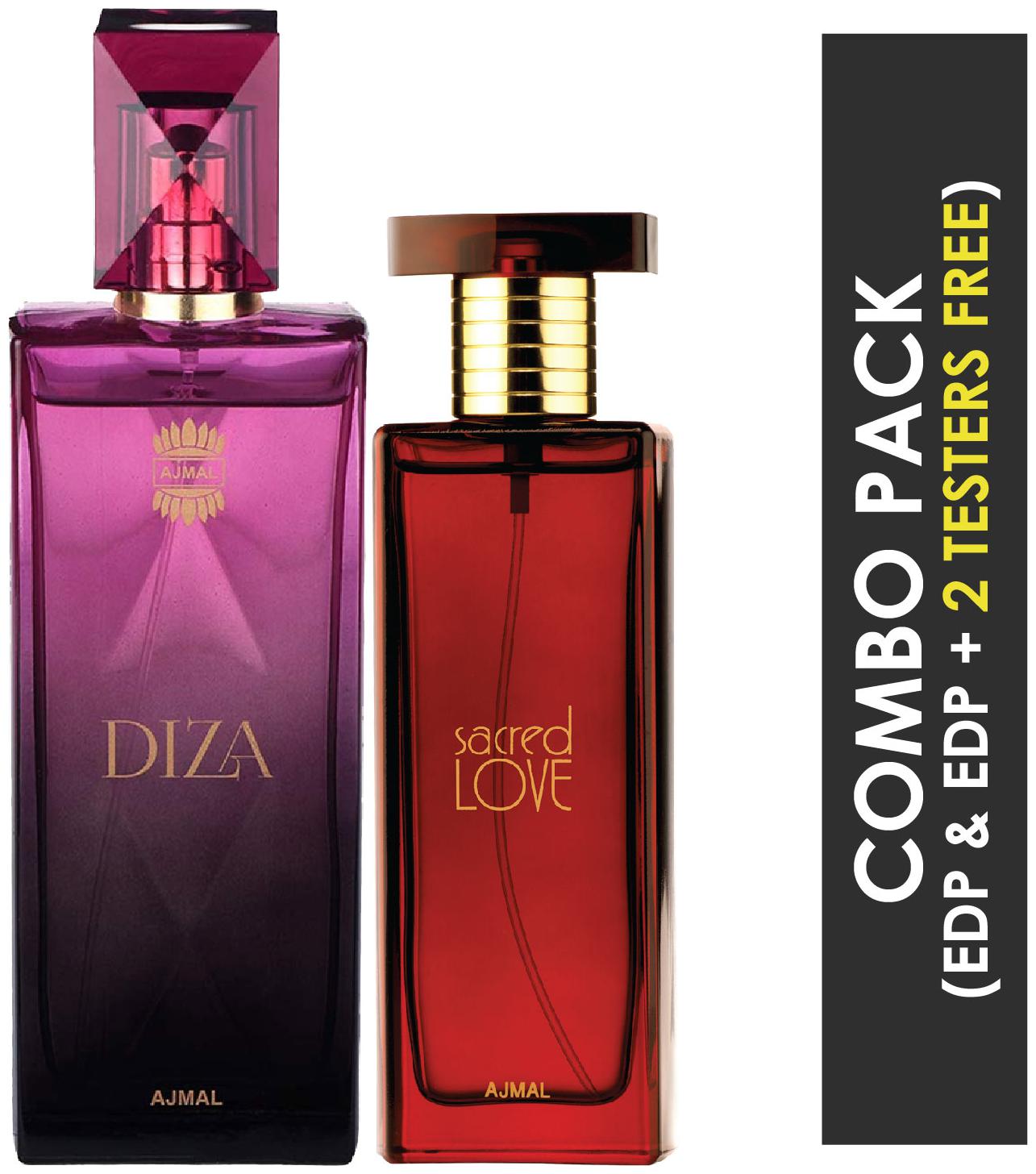 

Ajmal Diza EDP Fruity Floral Perfume 100ml for Women and Ajmal Sacred Love EDP Floral Musky Perfume 50ml for Women