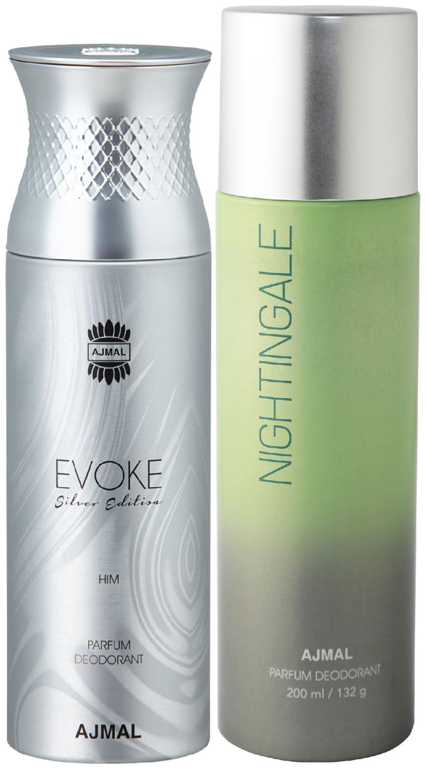 

Ajmal Evoke Silver Edition for Him for Men and Nightingale for Men Women High Quality Deodorants each 200 ml Combo ( Pack of 2 )