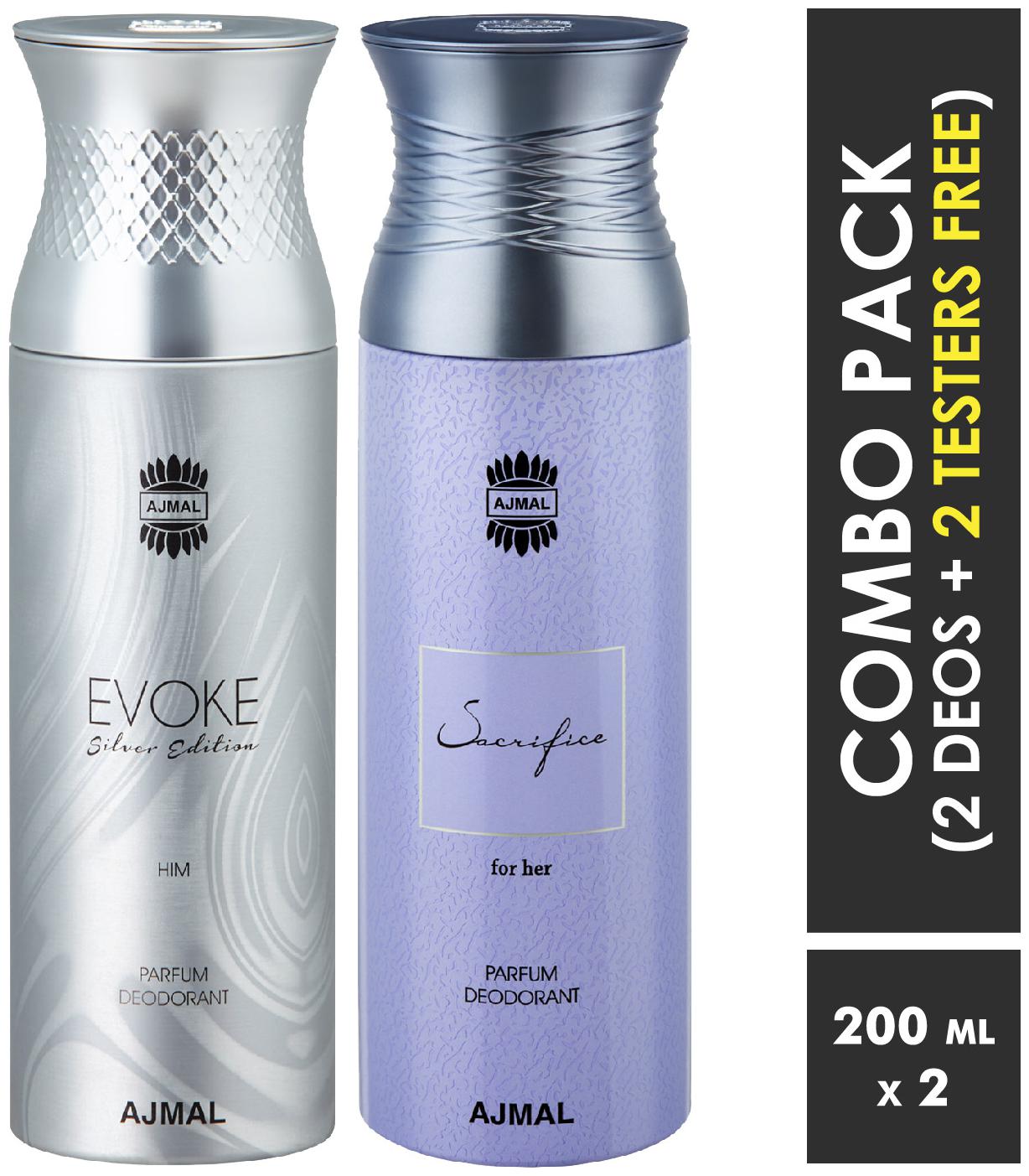

Ajmal EvokeSilverHim SacrificeHer Deodorant Spray for Men Women 200ml each (Pack of 2 400ml) 2 Parfum Testers Free