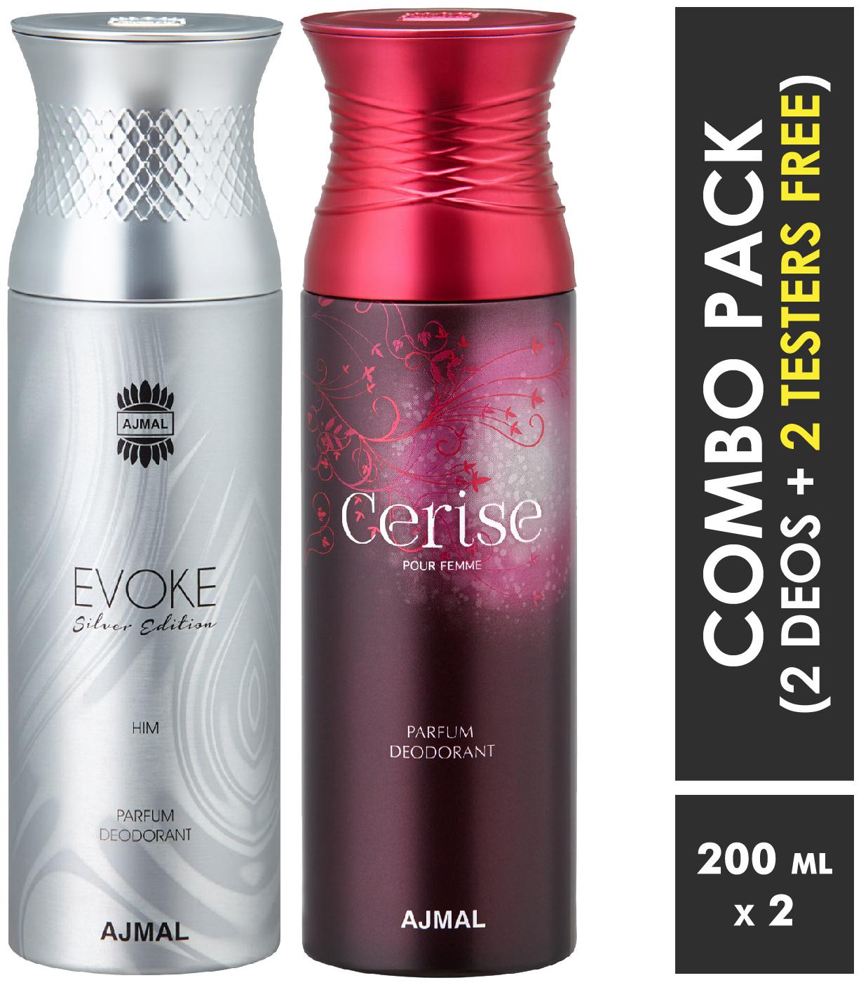 

Ajmal EvokeSilverHim Cerise Deodorant Spray for Men Women 200ml each (Pack of 2 400ml) 2 Parfum Testers Free
