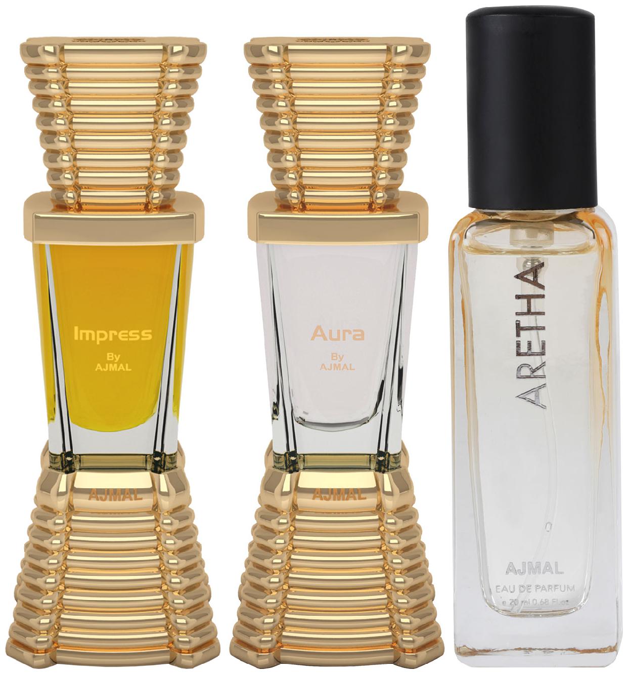 

Ajmal Impress and Aura each of 10 ml Aretha EDP 20 ml Pack of 3 for Men Women