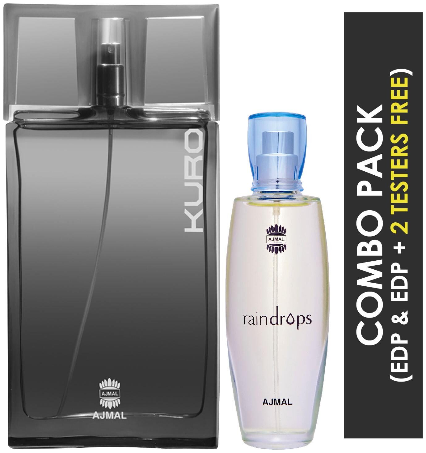 

Ajmal Kuro EDP Aromatic Spicy Perfume 90ml for Men and Ajmal Raindrops EDP Floral Chypre Perfume 50ml for Women (Pack of 2)
