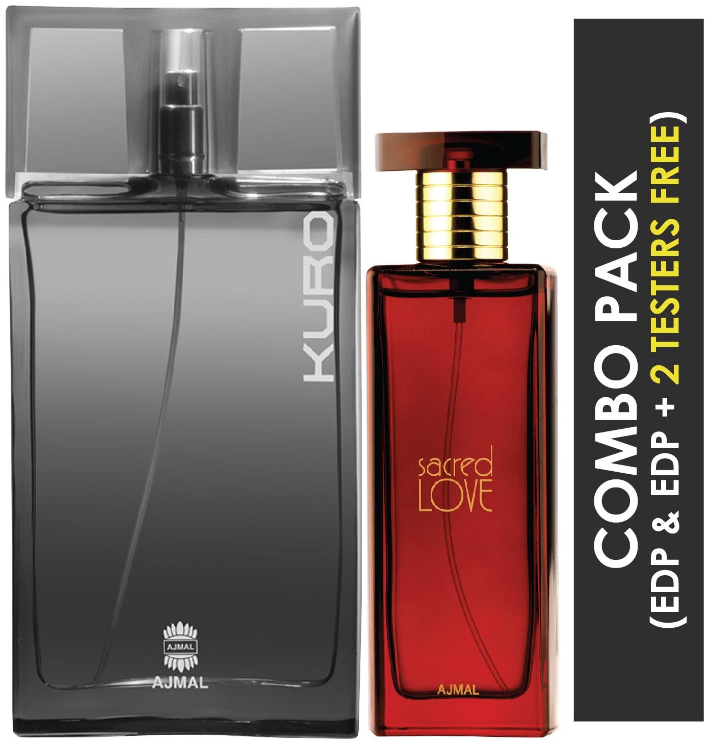 

Ajmal Kuro EDP Aromatic Spicy Perfume 90ml for Men and Ajmal Sacred Love EDP Floral Musky Perfume 50ml for Women