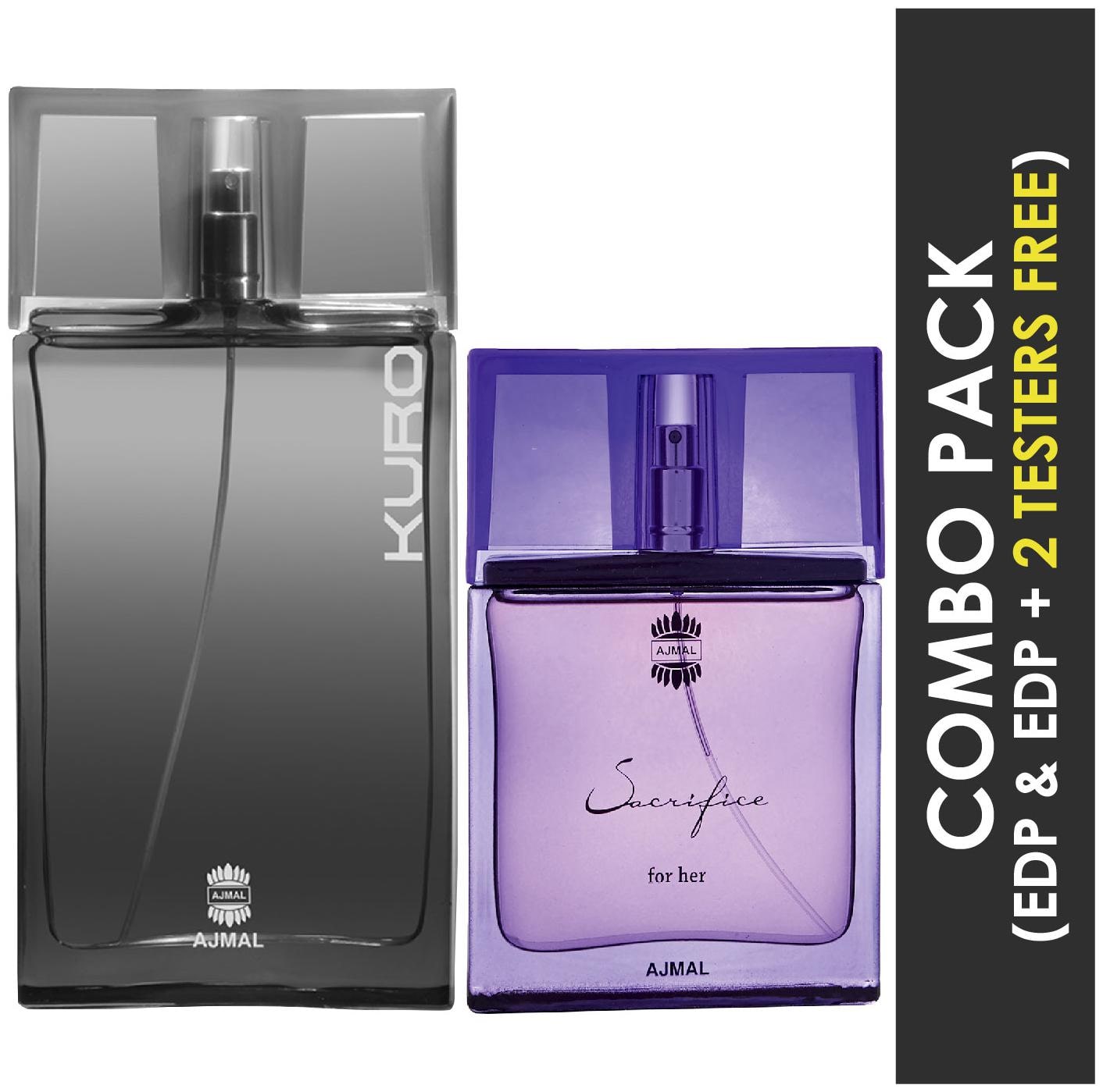 

Ajmal Kuro EDP Aromatic Spicy Perfume 90ml for Men and Ajmal Sacrifice for HER EDP Floral Musky Perfume 50ml for Women