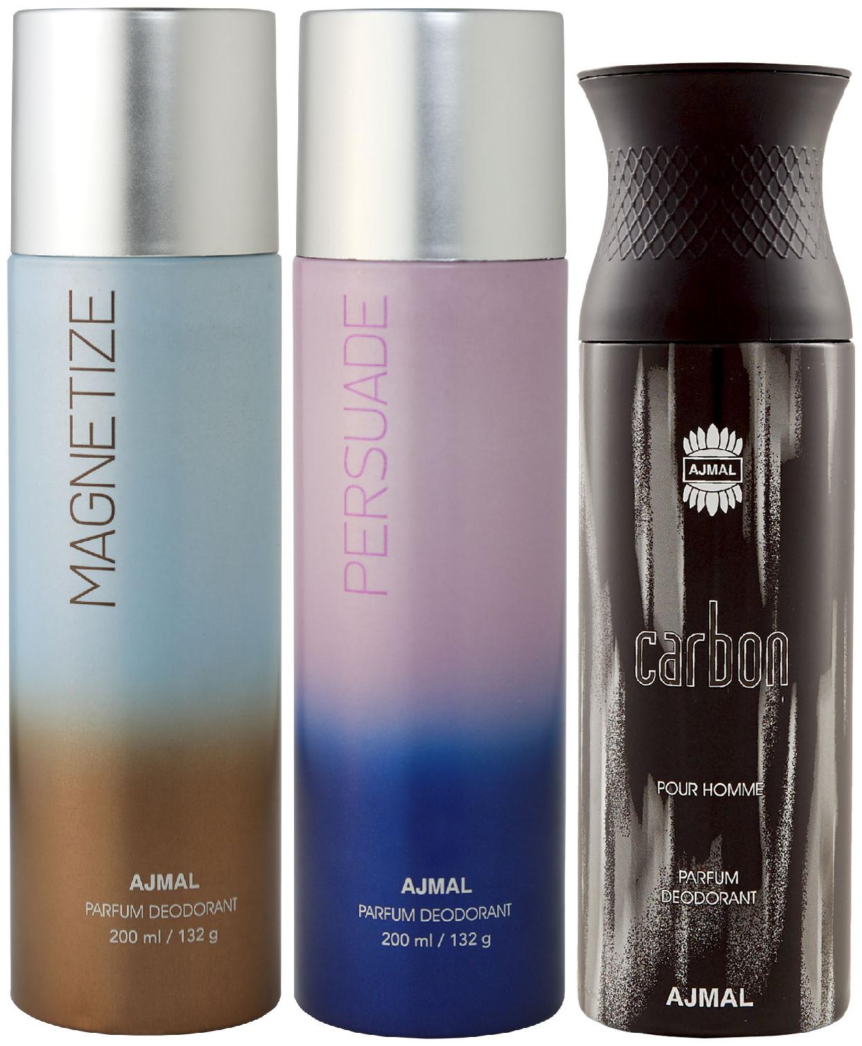 

Ajmal Magnetize and Persuade for Men Women and Carbon for Men High Quality Deodorants 200 ml Each ( Pack of 3 )