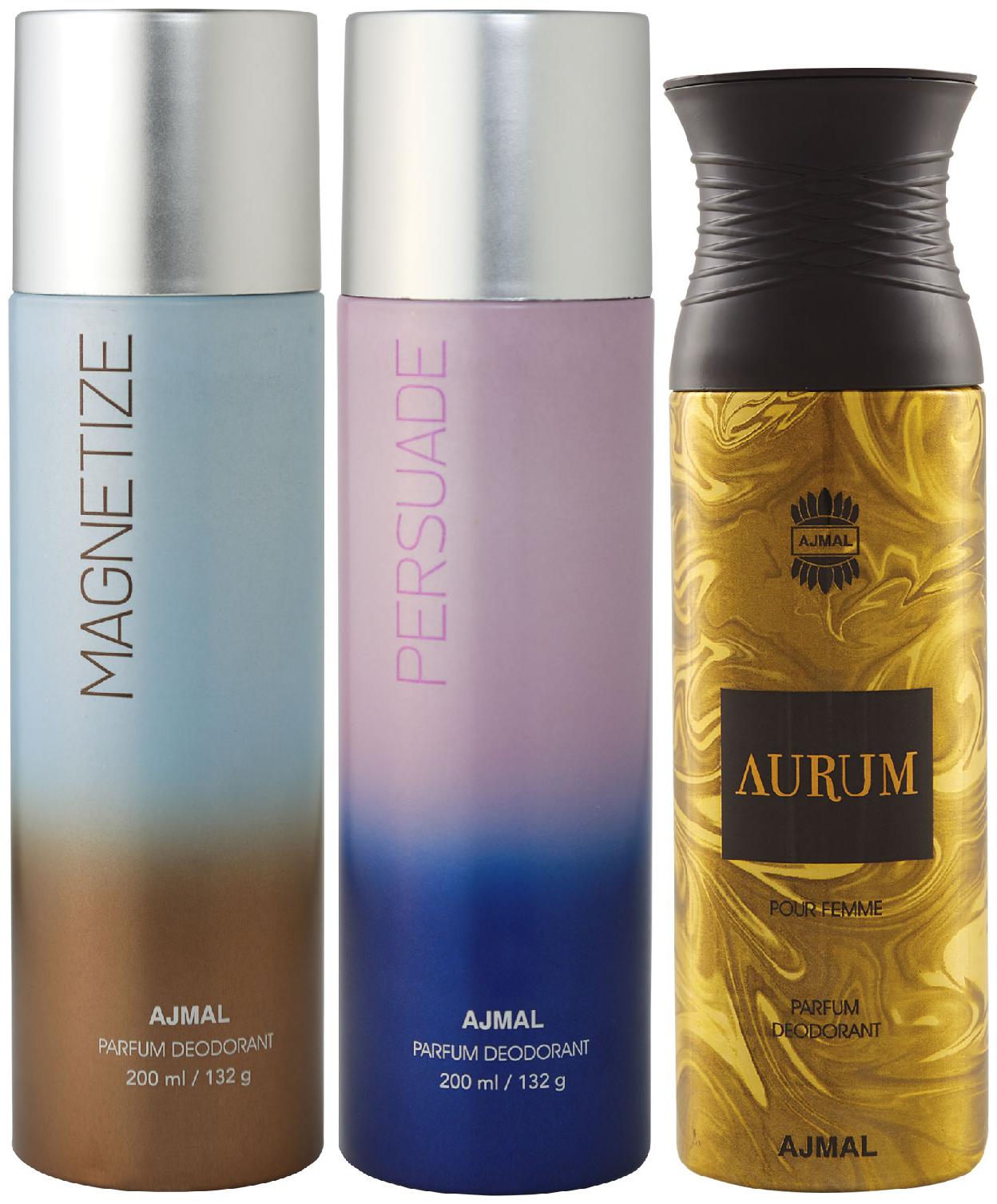 

Ajmal Magnetize and Persuade for Men Women and Aurum Femme for Women High Quality Deodorants 200 ml Each ( Pack of 3 )