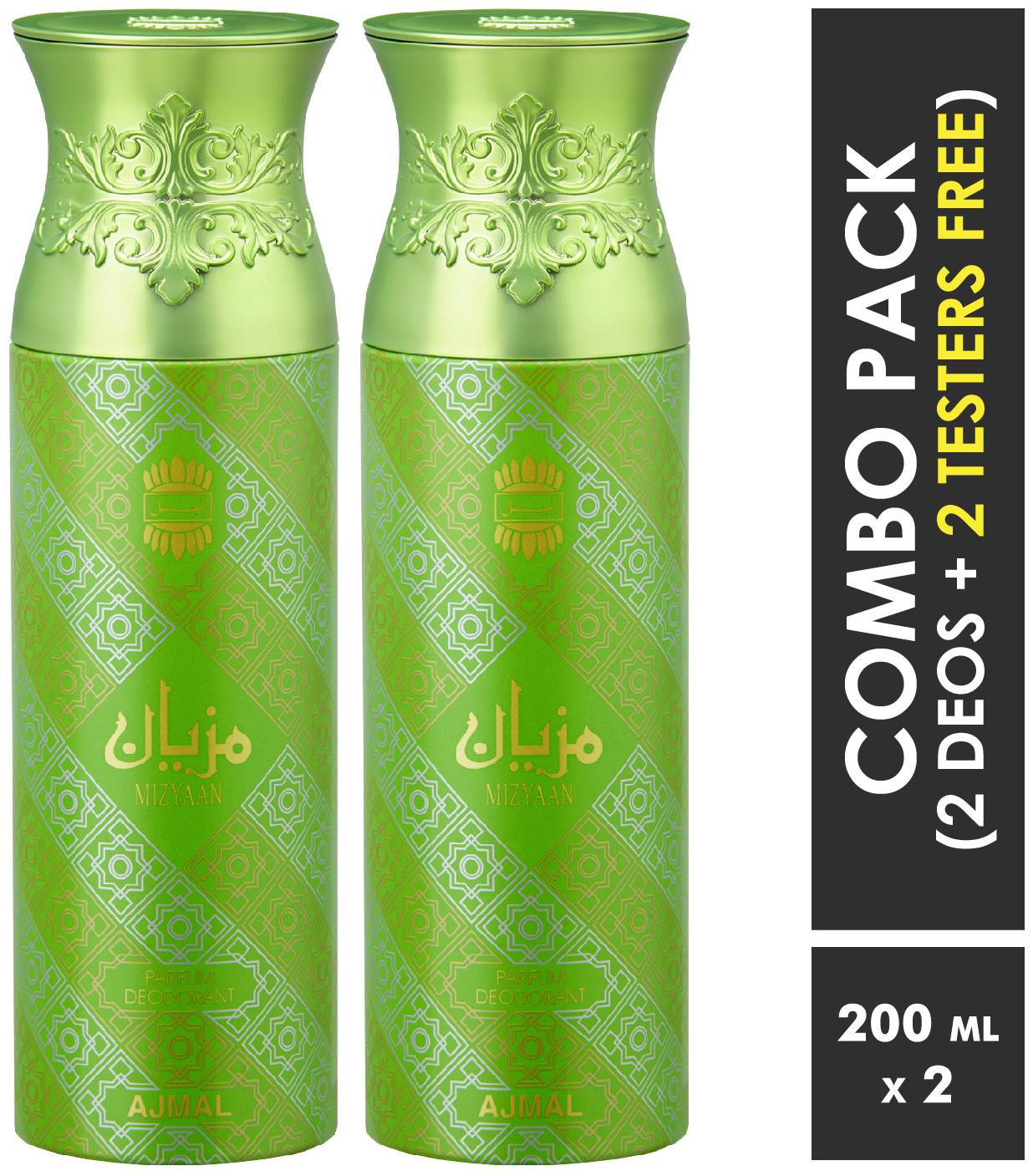 

Ajmal Mizyaan Mizyaan Deodorant Spray Men Women 200ml each (Pack of 2 400ml) 2 Parfum Testers Free