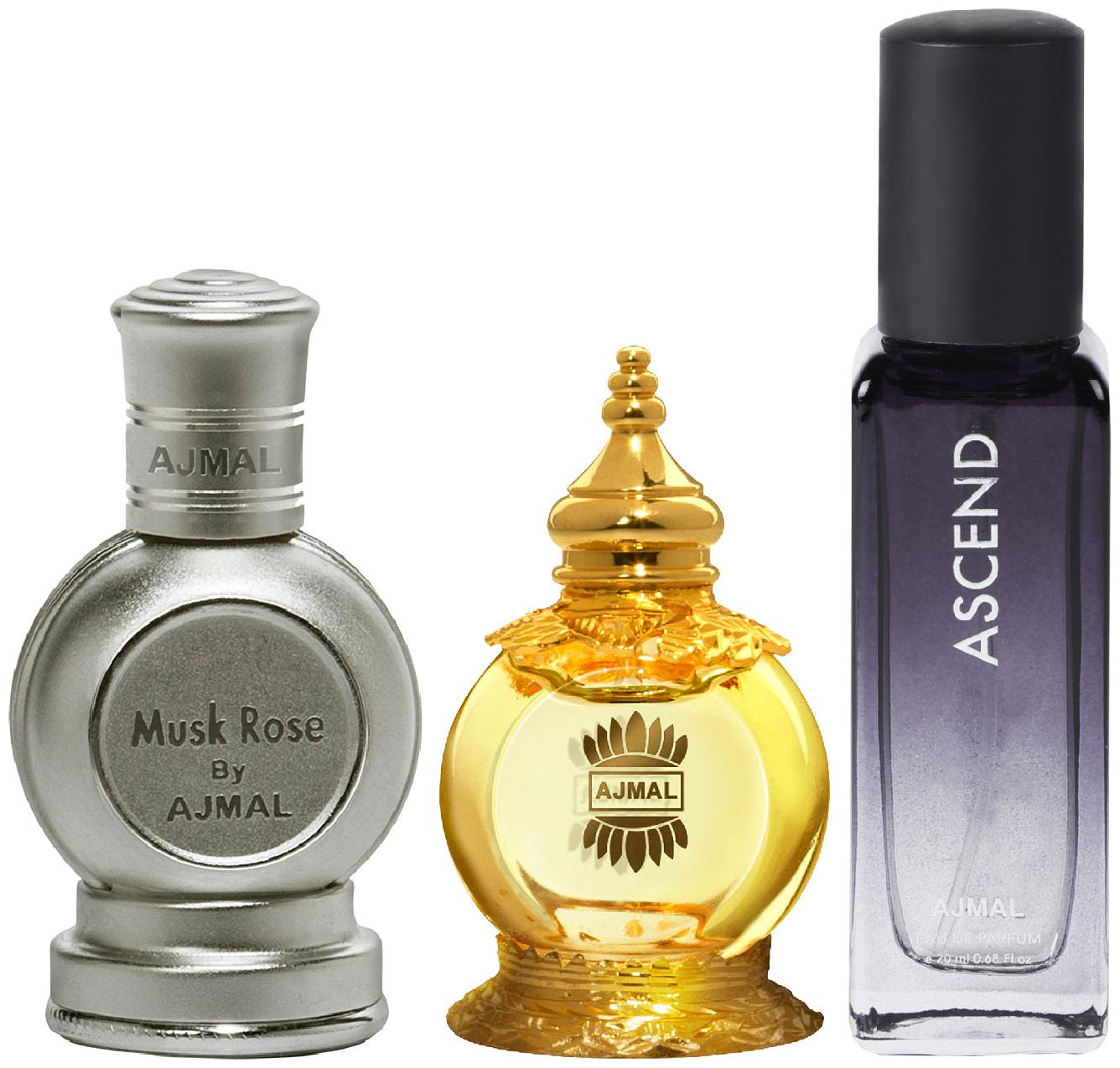 

Ajmal Musk Rose and Mukhallat AL Wafa each of 12 ml Ascend EDP 20 ml Pack of 3 for Men Women