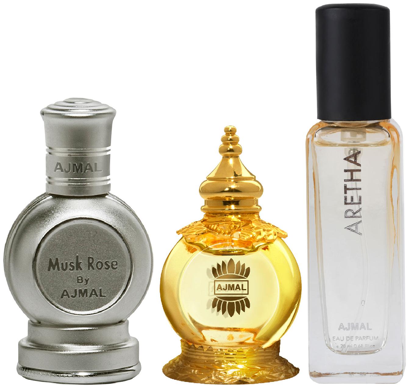 

Ajmal Musk Rose and Mukhallat AL Wafa each of 12 ml Aretha EDP 20 ml Pack of 3 for Men Women