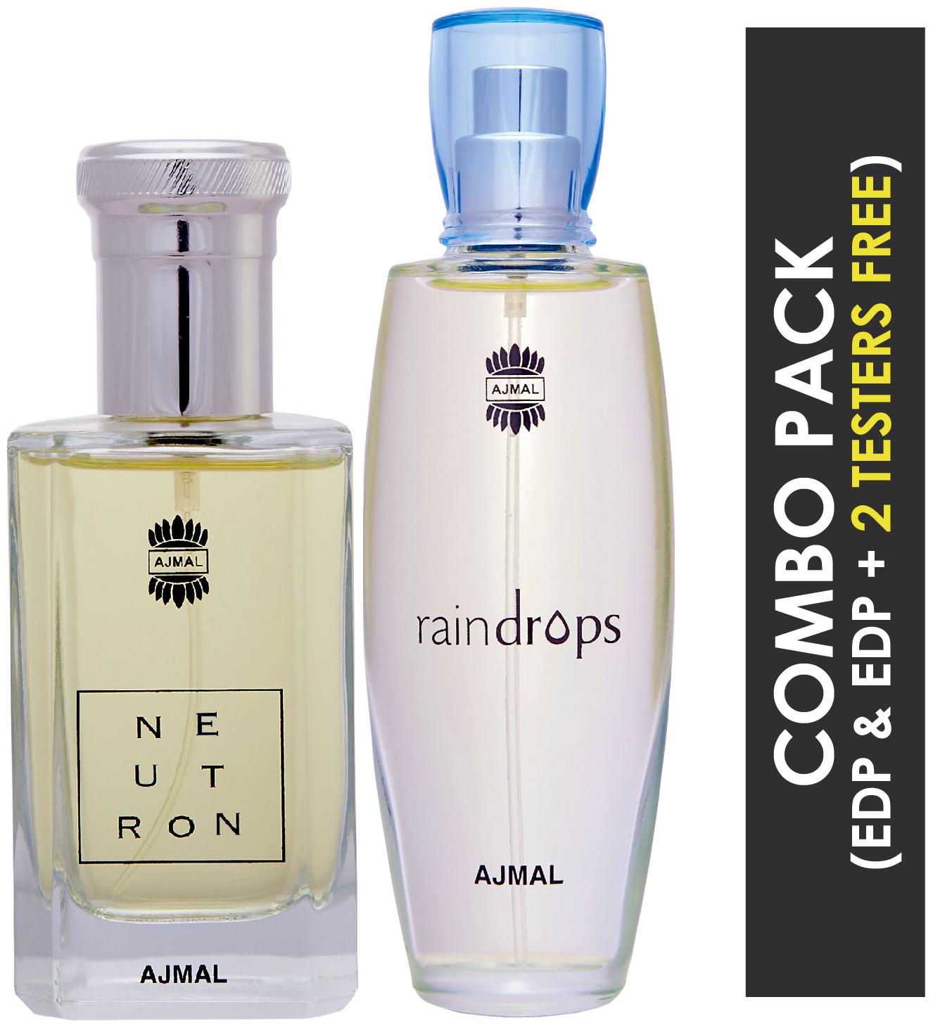 

Ajmal Neutron EDP Citrus Fruity Perfume 100ml for Men and Ajmal Raindrops EDP Floral Chypre Perfume 50ml for Women (Pack of 2)