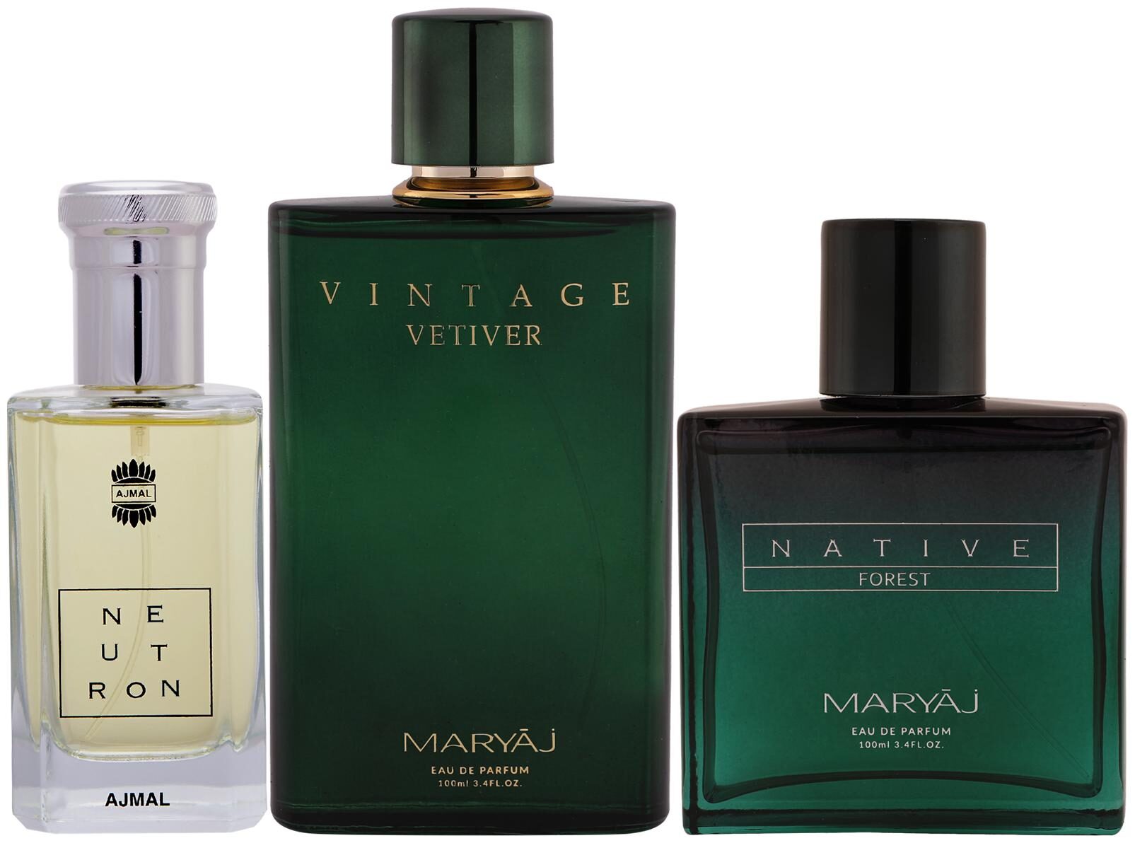 

Ajmal Neutron EDP Citrus Perfume Maryaj Vintage Vetiver EDP Maryaj Native Forest EDP 100ml (Pack of 3)