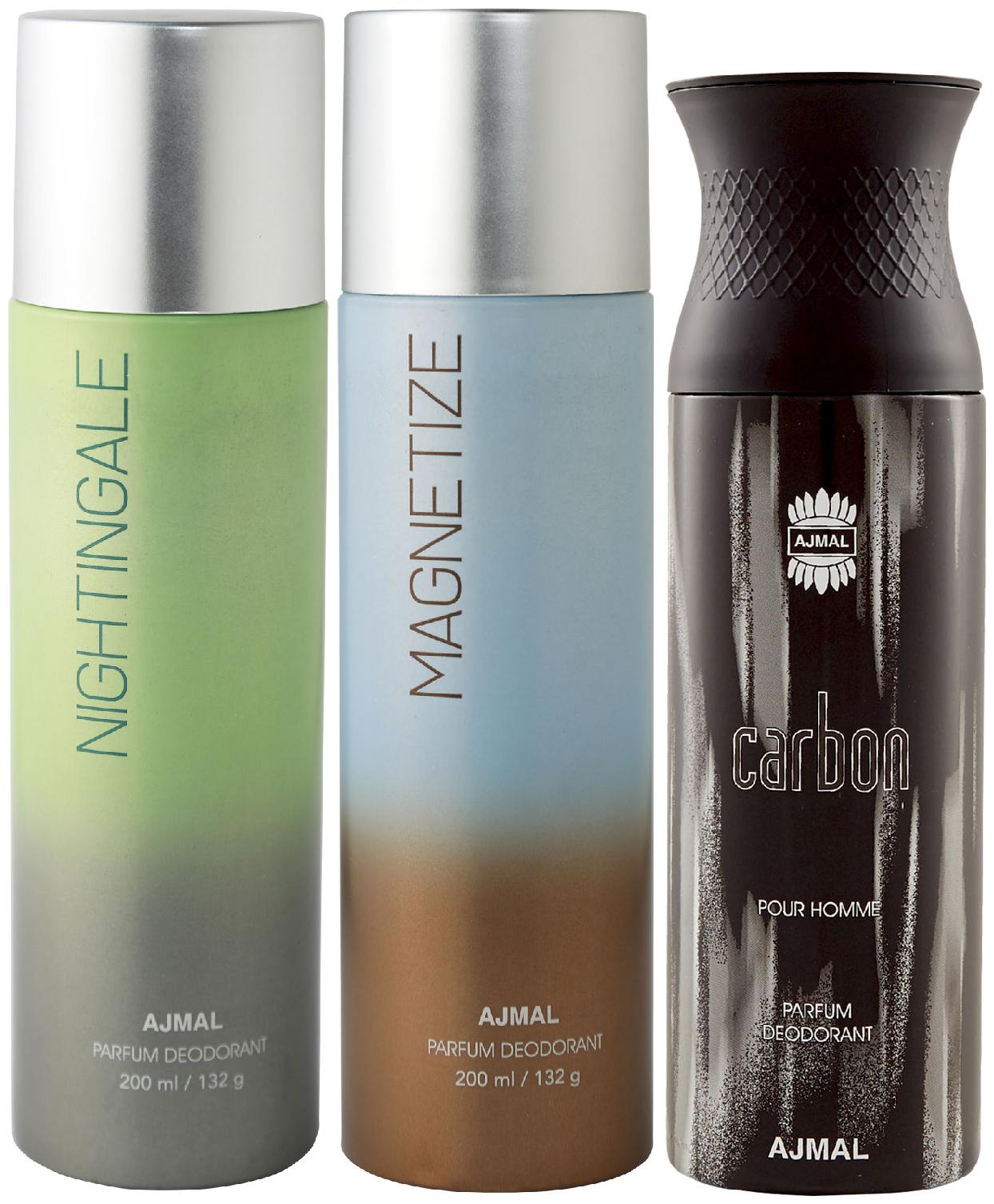 

Ajmal Nightingale and Magnetize for Men Women and Carbon for Men High Quality Deodorants 200 ml Each ( Pack of 3 )