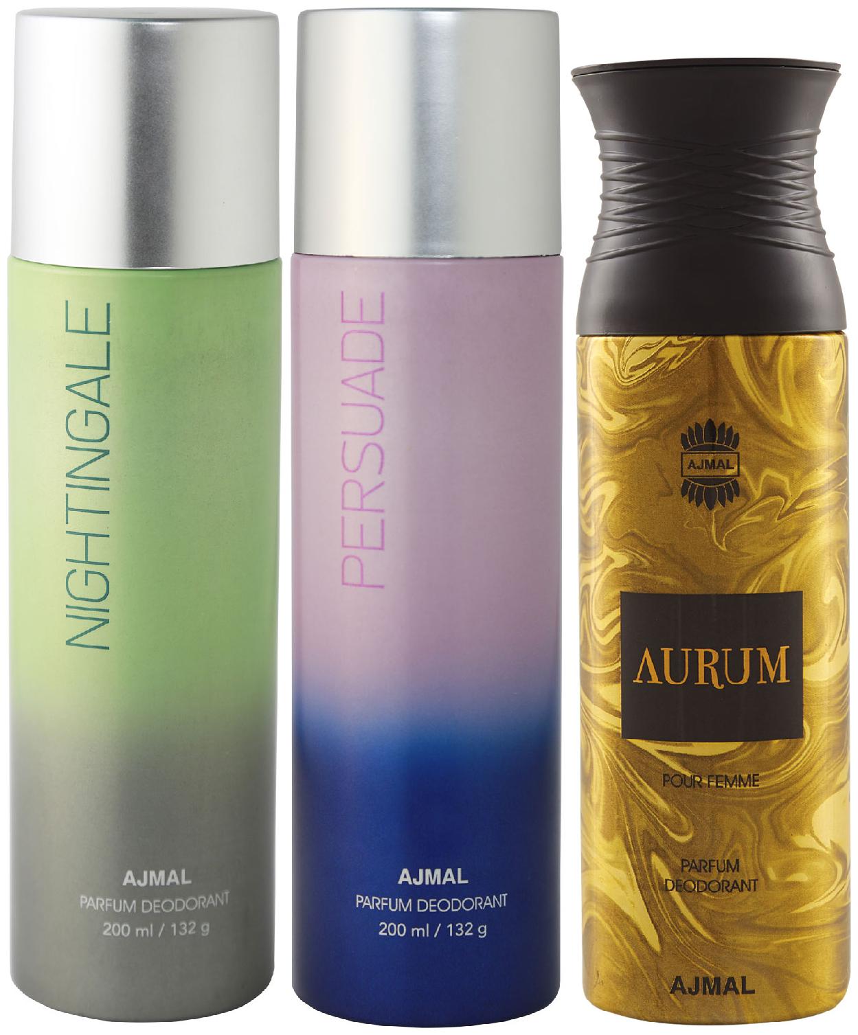 

Ajmal Nightingale and Persuade for Men Women and Aurum Femme for Women High Quality Deodorants 200 ml Each ( Pack of 3 )