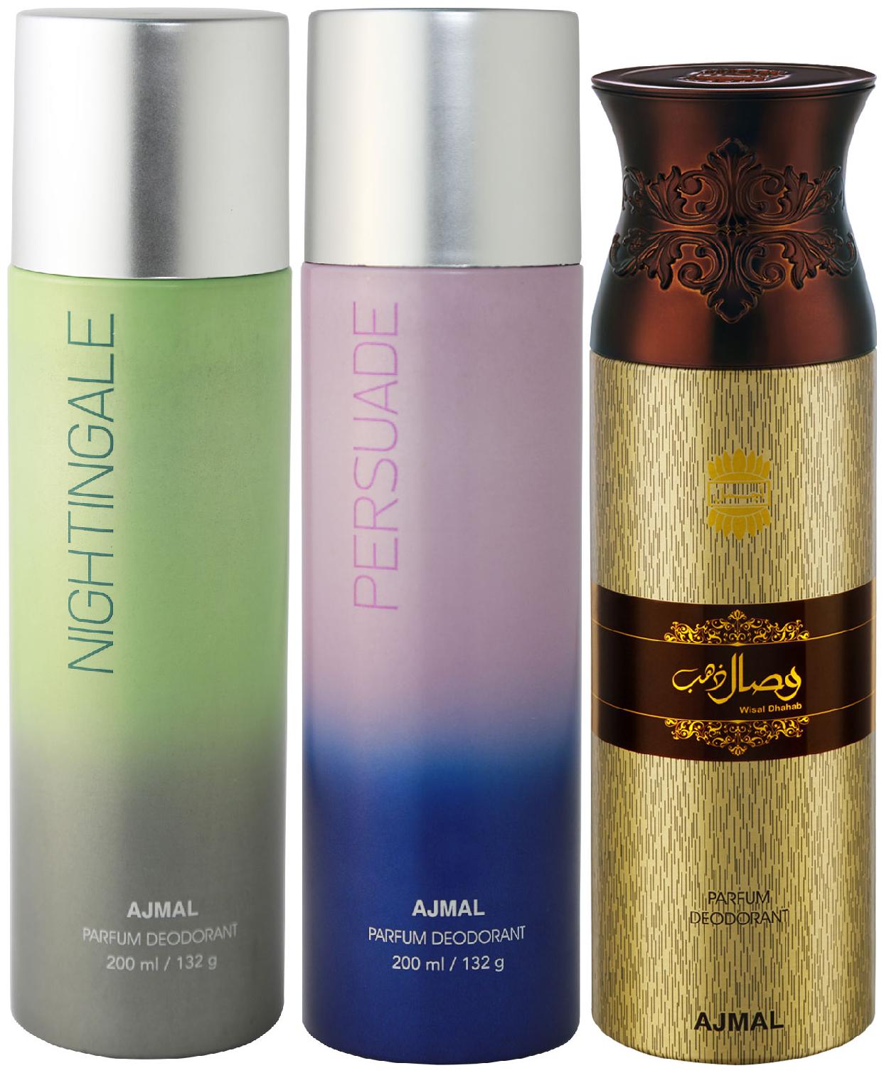 

Ajmal Nightingale and Persuade for Men Women and Wisal Dhahab for Men High Quality Deodorants 200 ml Each ( Pack of 3 )