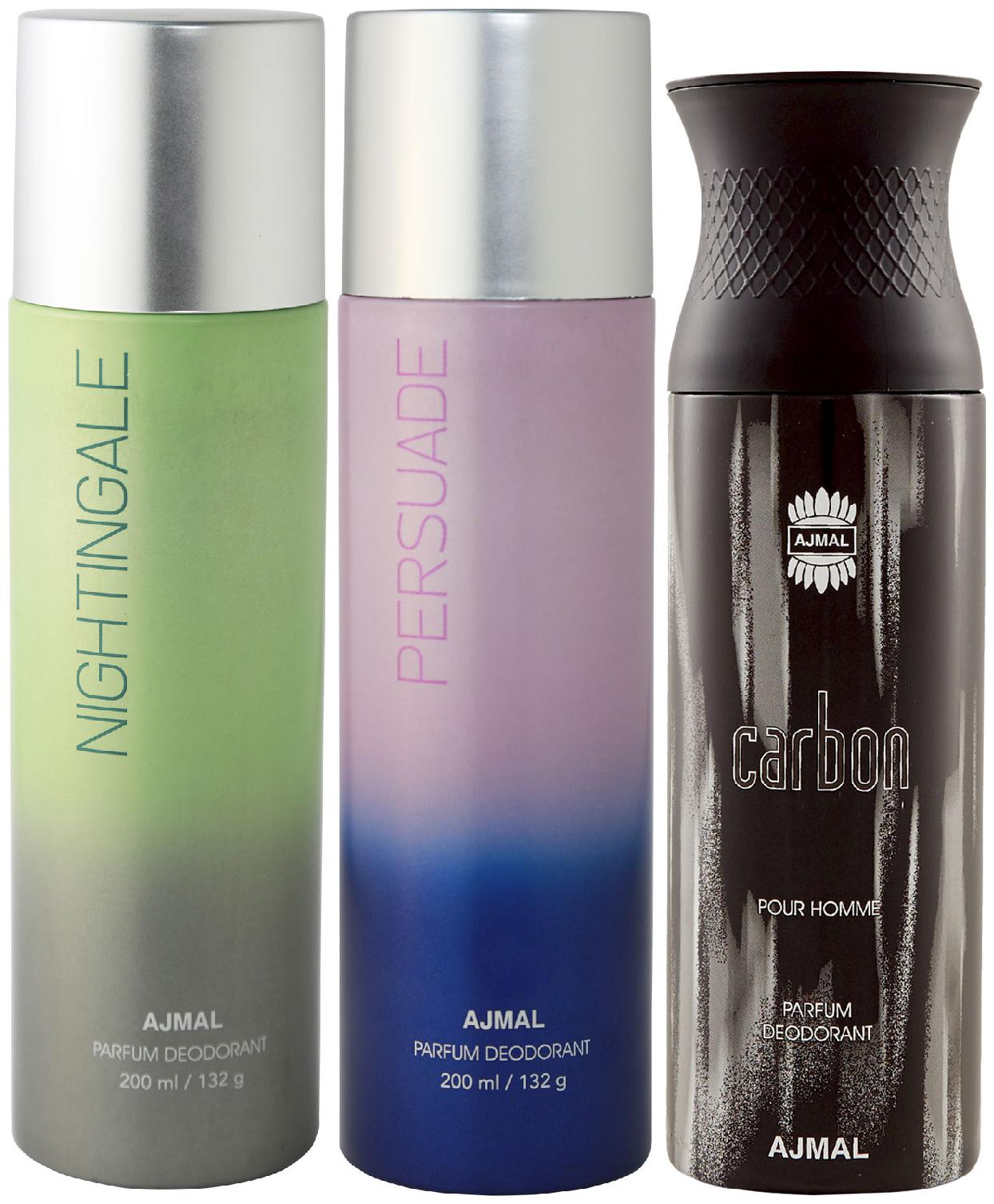 

Ajmal Nightingale and Persuade for Men Women and Carbon for Men High Quality Deodorants 200 ml Each ( Pack of 3 )