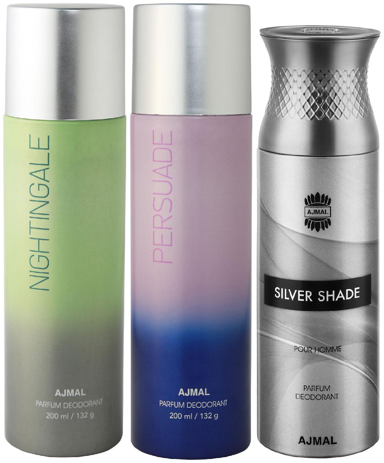

Ajmal Nightingale and Persuade for Men Women and Silver Shade for Men High Quality Deodorants 200 ml Each ( Pack of 3 )